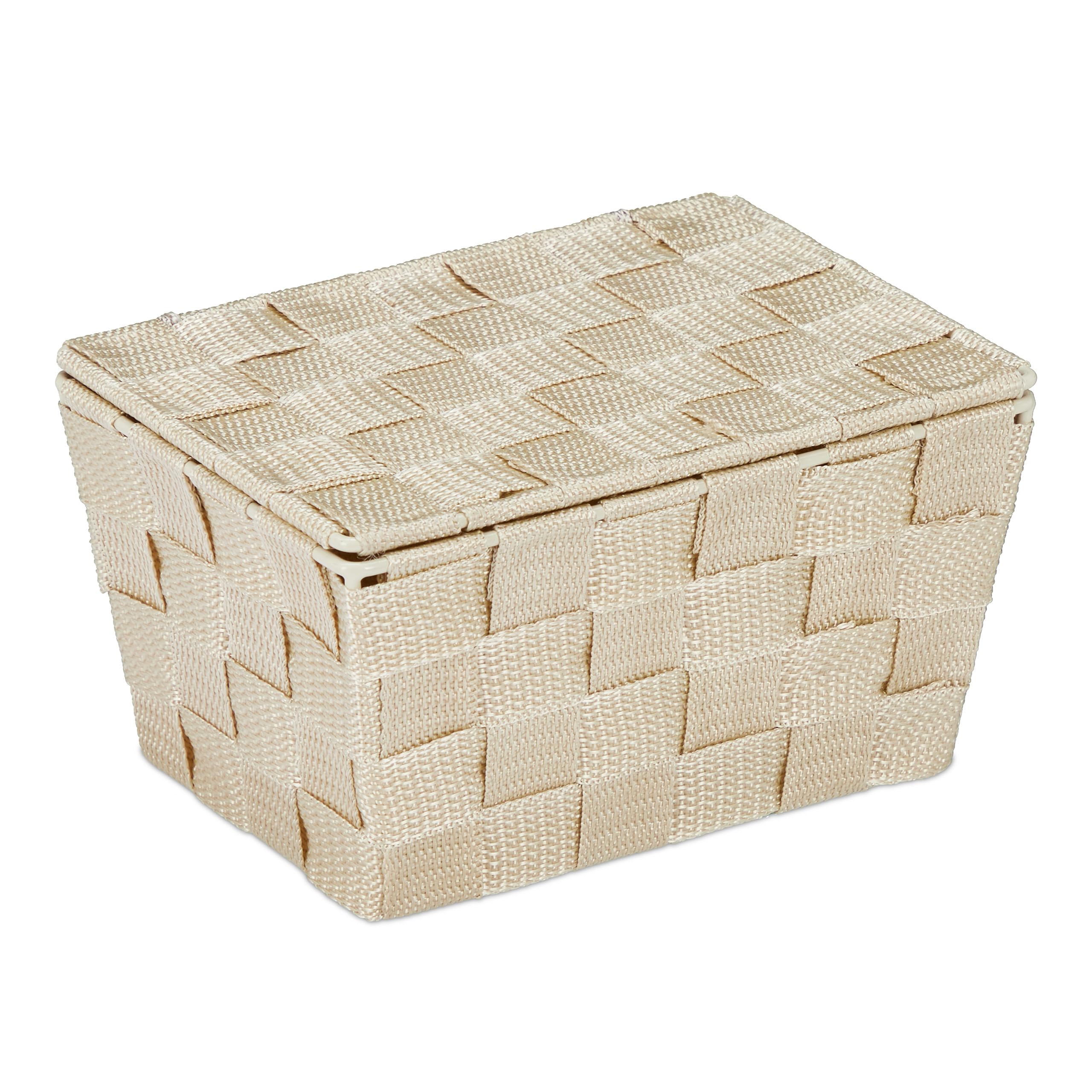 Relaxdays Kosz do przechowywania z pokrywką, wygląd plecionki, organizer łazienkowy wys. x szer. x gł.: 10,5 x 19,5 x 14,5 cm, tworzywo sztuczne, beżowy