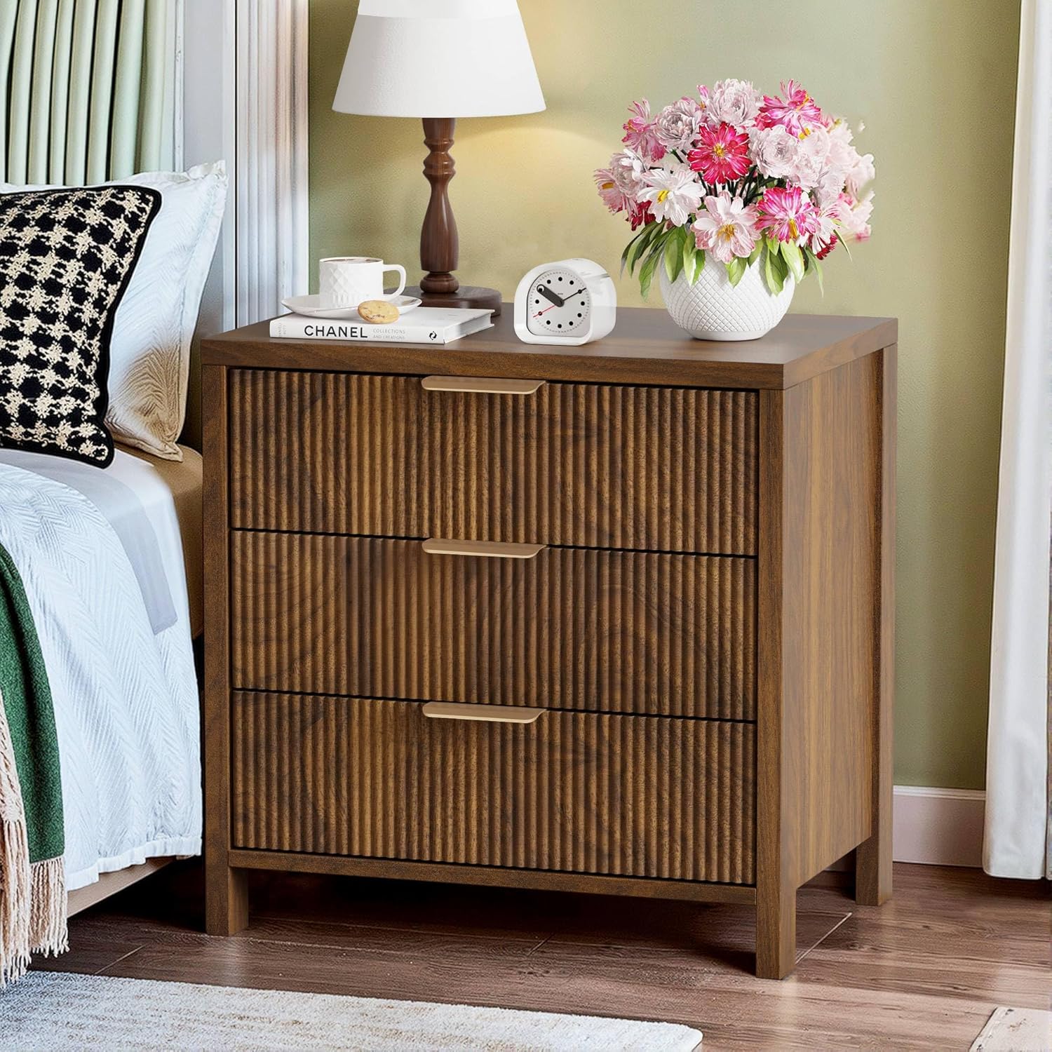 Fluted Nightstand, 23.7'' Wide Night Stand with 3 Drawers, Mid-Century Modern Bedside Table with Handles, Wood End Table for Bedroom, Walnut