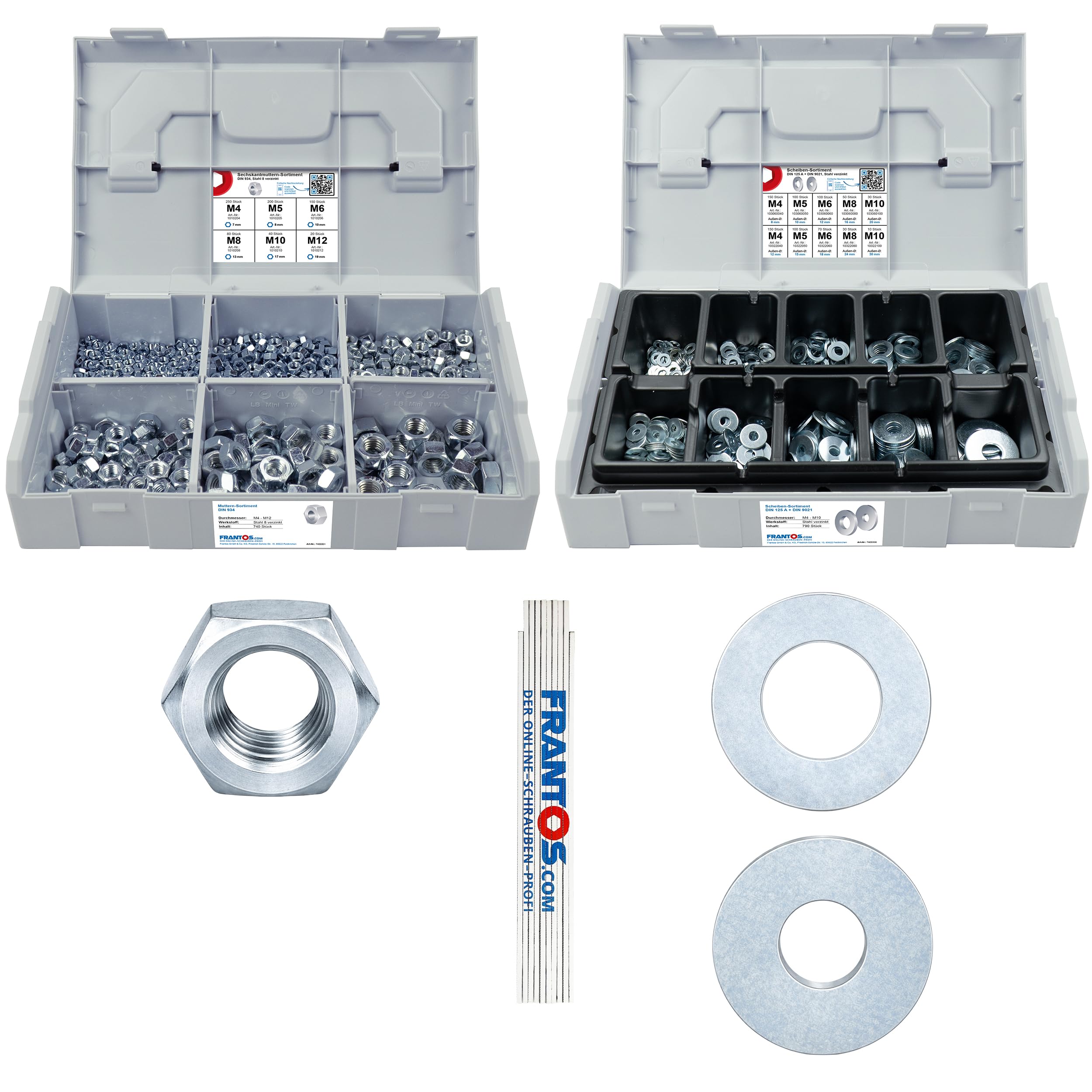 FRANTOS L-BOXX Mini Muttern & Unterlegscheiben Sortiment 1530 tlg. Set | M4 bis M12, DIN 934, DIN 125 A & DIN 9021, Stahl verzinkt, Sechskantmuttern, Beilagscheiben