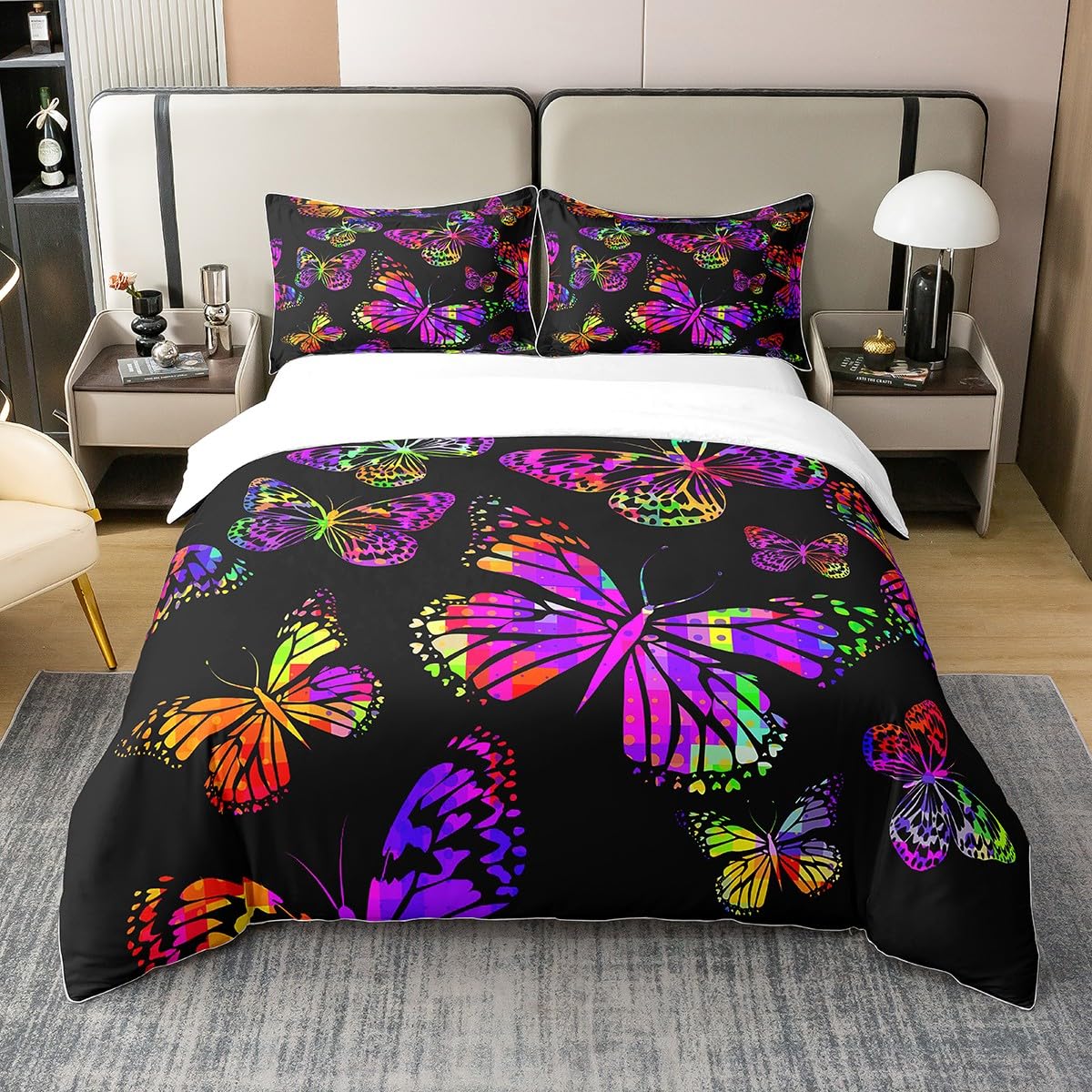 100% Baumwolle Schmetterling Tröster Abdeckung 155x220 Bunte Schmetterling Bettbezug Trippy Bettwäsche Set Regenbogen Zigeuner Romantische Bequeme Quilt Cover für Schlafzimmer Dekorativ,Mehrfarbig
