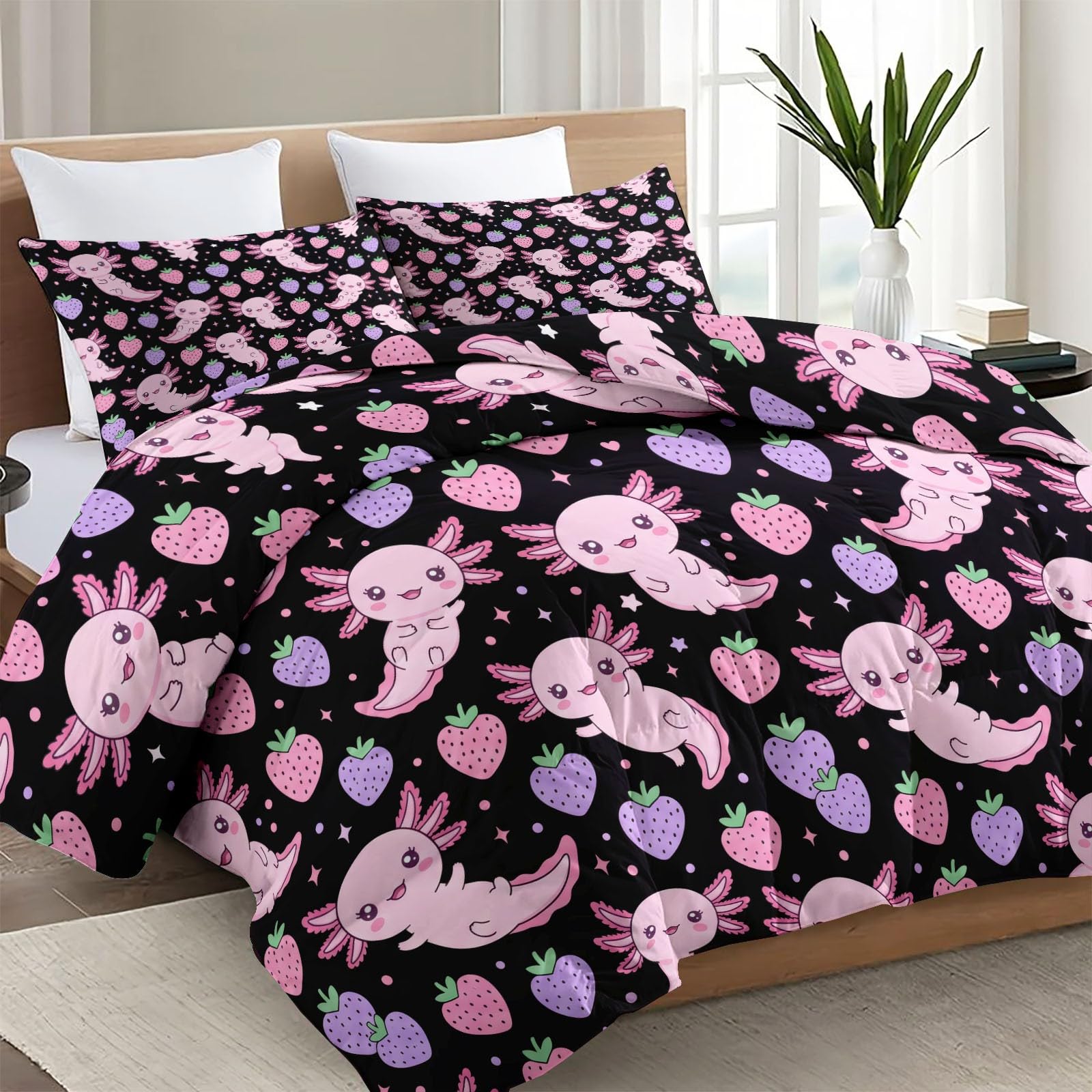 Träumerisch Girly Kołdra na 4 pory roku, 155 x 220 cm, miękka i nadająca się do prania, oddychająca kołdra bez poszewki, słodka, meksykańska aksolotl, dwustronna, różowo-fioletowa, letnia kołdra