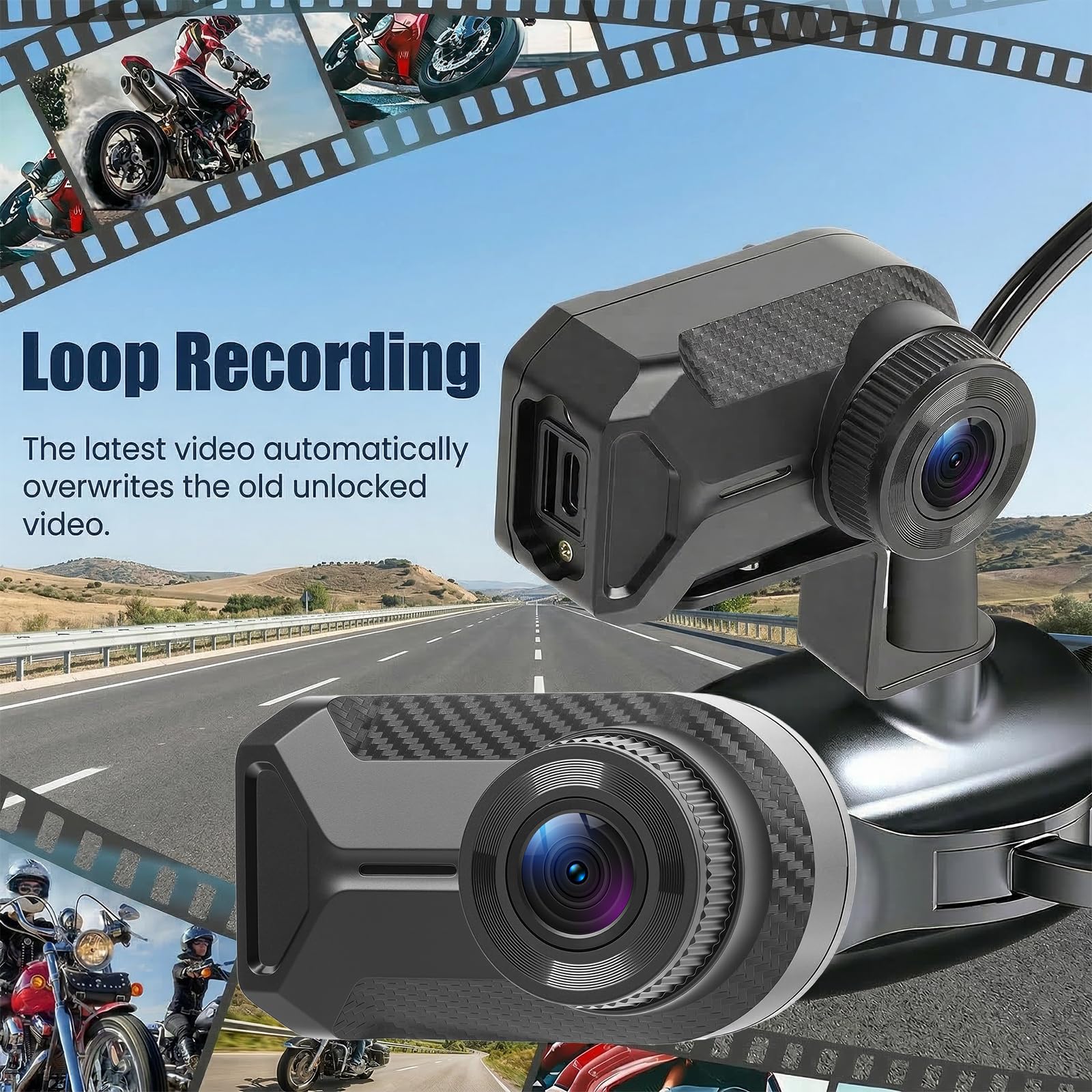 CAMECHO Mini Dashcam para Moto 1080P Cámara IP66 Frontal Impermeable Sin Pantalla, Gran Angular de 110°, Visión Nocturna, Aplicación WiFi, Grabación en Bucle, 7 * 4 * 3,2 cm