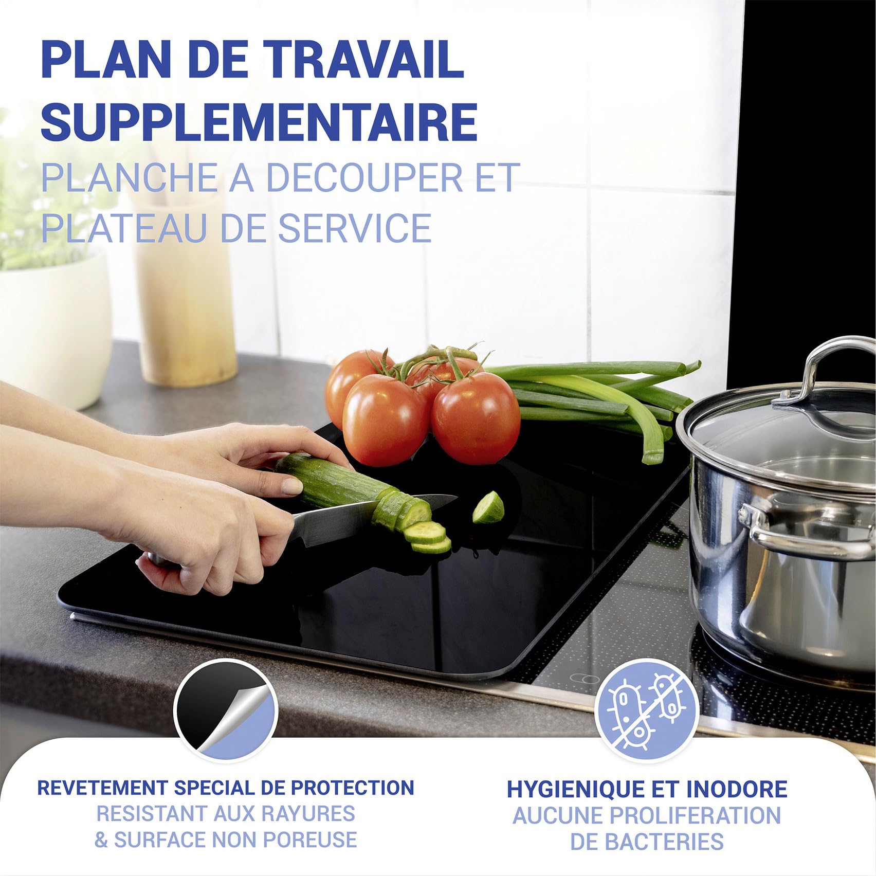 WENKO Plaque de Recouvrement Universelle Mod. Noir, réglable en Hauteur pour Tout Type de cuisinière, Planche à découper et Protection Anti-éclaboussures, Verre, 30 x 52 cm, 2 pièces