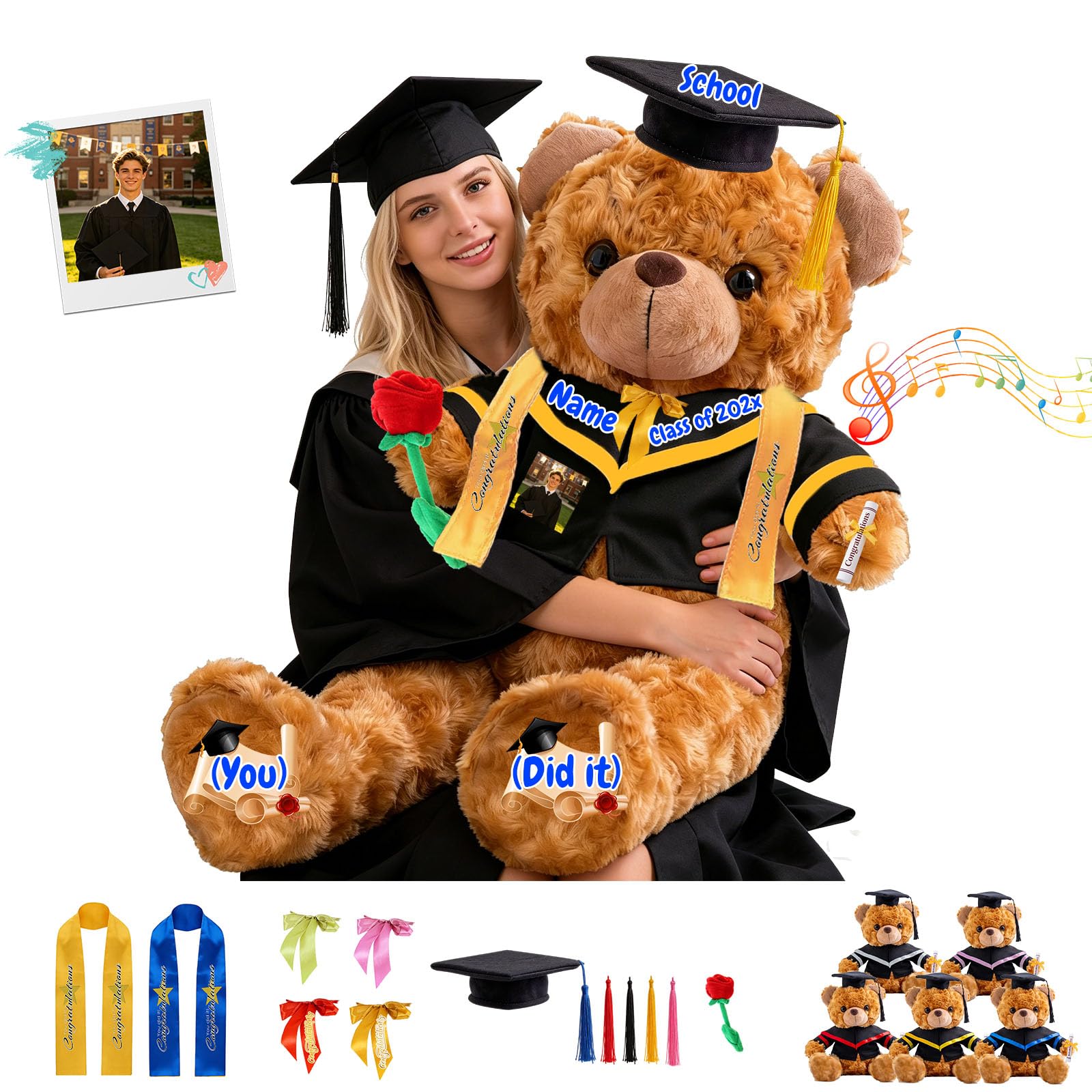 Personalisierter Riesiger Abschlussbär 60cm Bis 100cm Zur Abschlussfeier Und Zum Valentinstag, Graduation Bear Großes Kuscheltier Für Vorschule Gymnasium Und Universität