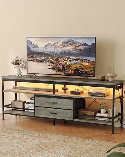 Vista 10 de Soporte de TV de 55 pulgadas, centro de entretenimiento para televisores de 43 a 65 pulgadas con luces LED y estación de carga extraíble, moderna