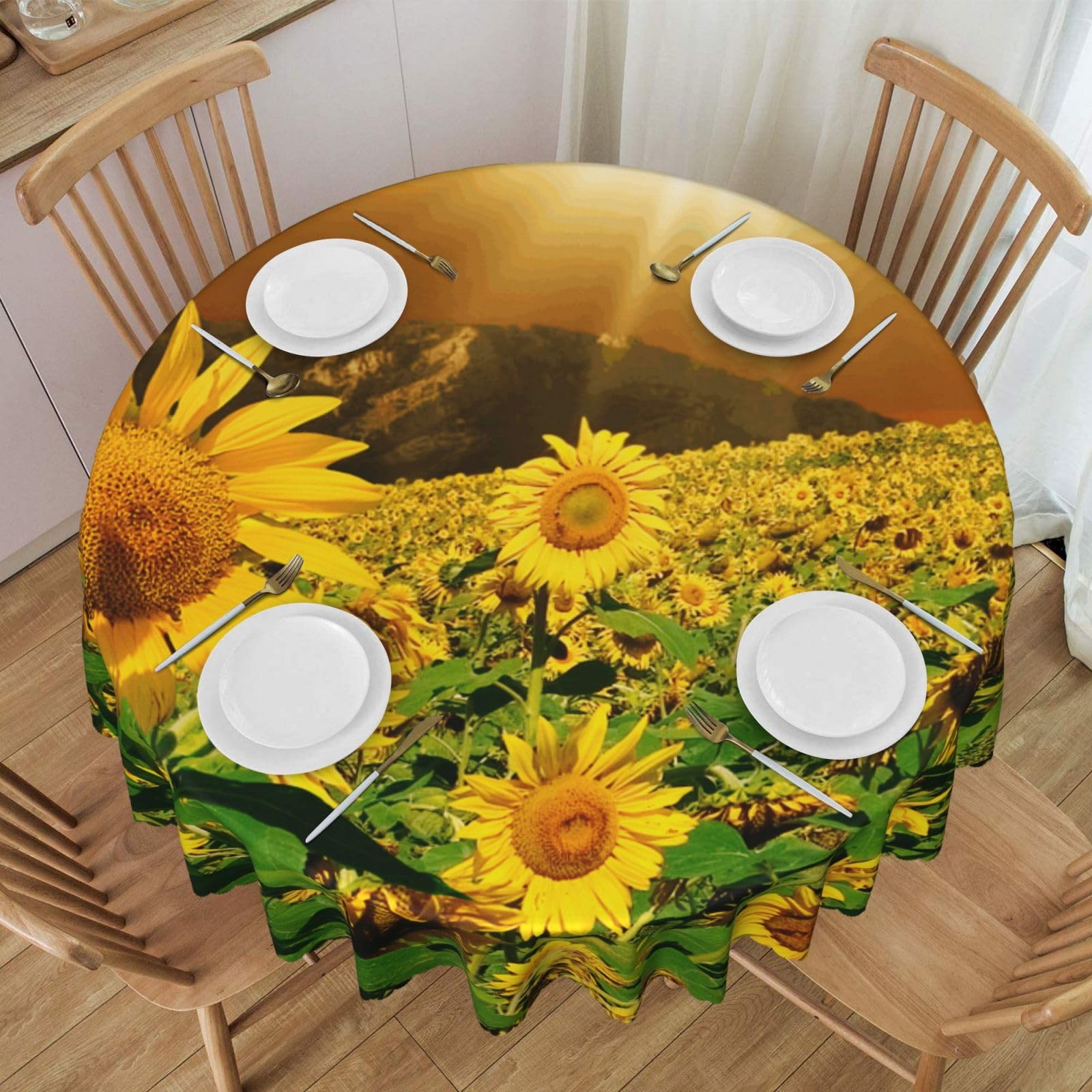 DCEHGEW 60 In Round Tablecloth with Lace, Yellow Sunflower Blooming Printed Oilproof & Washable Fabric Picnic Table Cloth Table Covers
