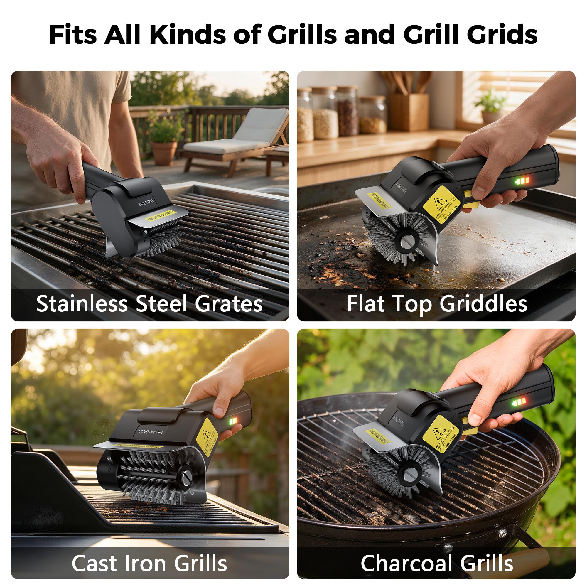 Cepillo eléctrico para parrilla, cepillo de barbacoa inalámbrico resistente con cerdas de acero inoxidable, batería recargable de 2000 mAh, limpiador motorizado de parrilla de 1100 RPM para parrillas