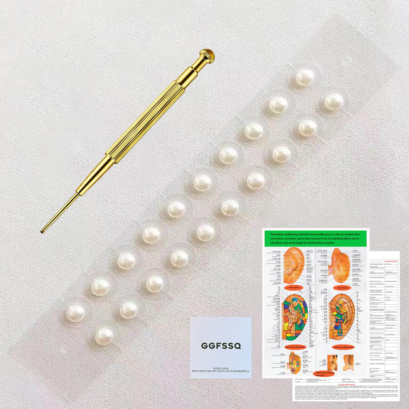 Pearl Ear Seeds - Kit de acupuntura de semillas de acupresión con semillas de orejas, con sonda de acupresión, orientación china e inglesa (4 mm)