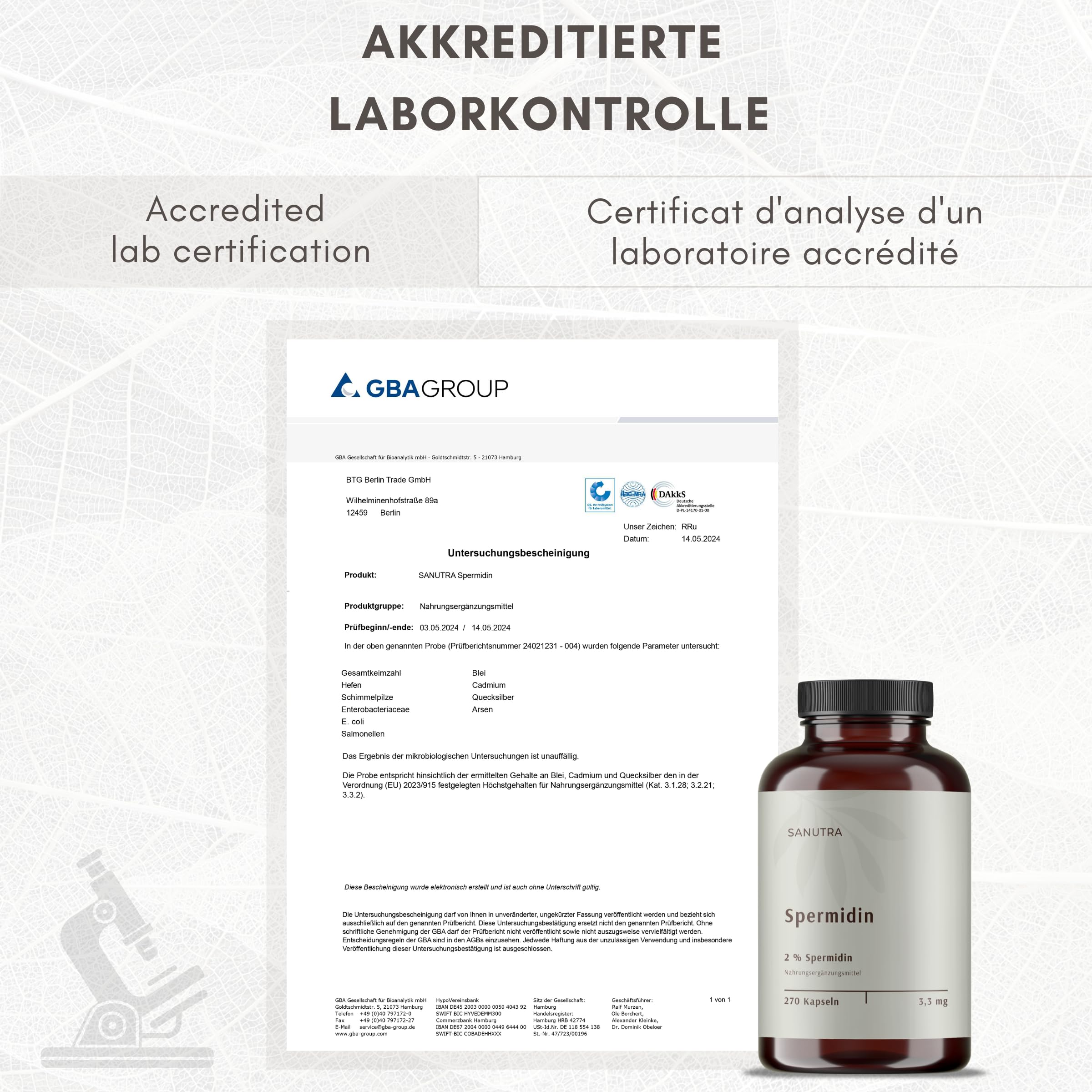 SANUTRA® Spermidine Gélules – Extrait de germe de blé 2%, 3,3 mg par gélule, véganes, sans additifs – 270 gélules de 165 mg