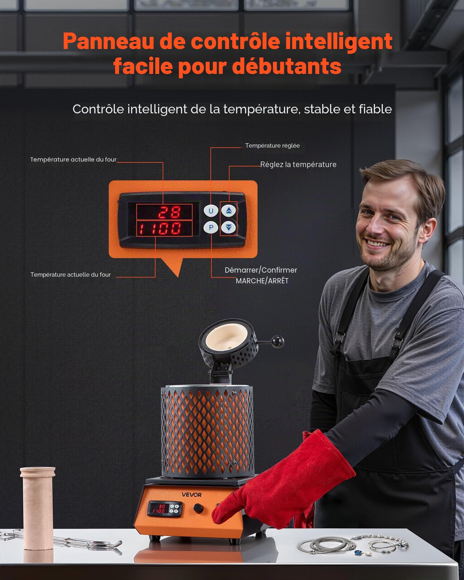 VEVOR Four de Fusion Électrique 1350 W, Kit de Fusion d'Or avec Température Maximale 1150 ℃, avec Creuset en Céramique de 3 kg, pour Fabrication de Bijoux, Coulée et l'Affinage des Métaux, Atelier