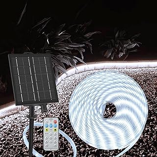 ZAIYW 10M Solar LED Streifen Aussenbereich IP68 Wasserdicht, 200LEDs Strip Lichter Dimmbar mit Fernbedienung Timer, Selbstklebend LED Band für Garten Außen Dekoration (Kaltweiß)