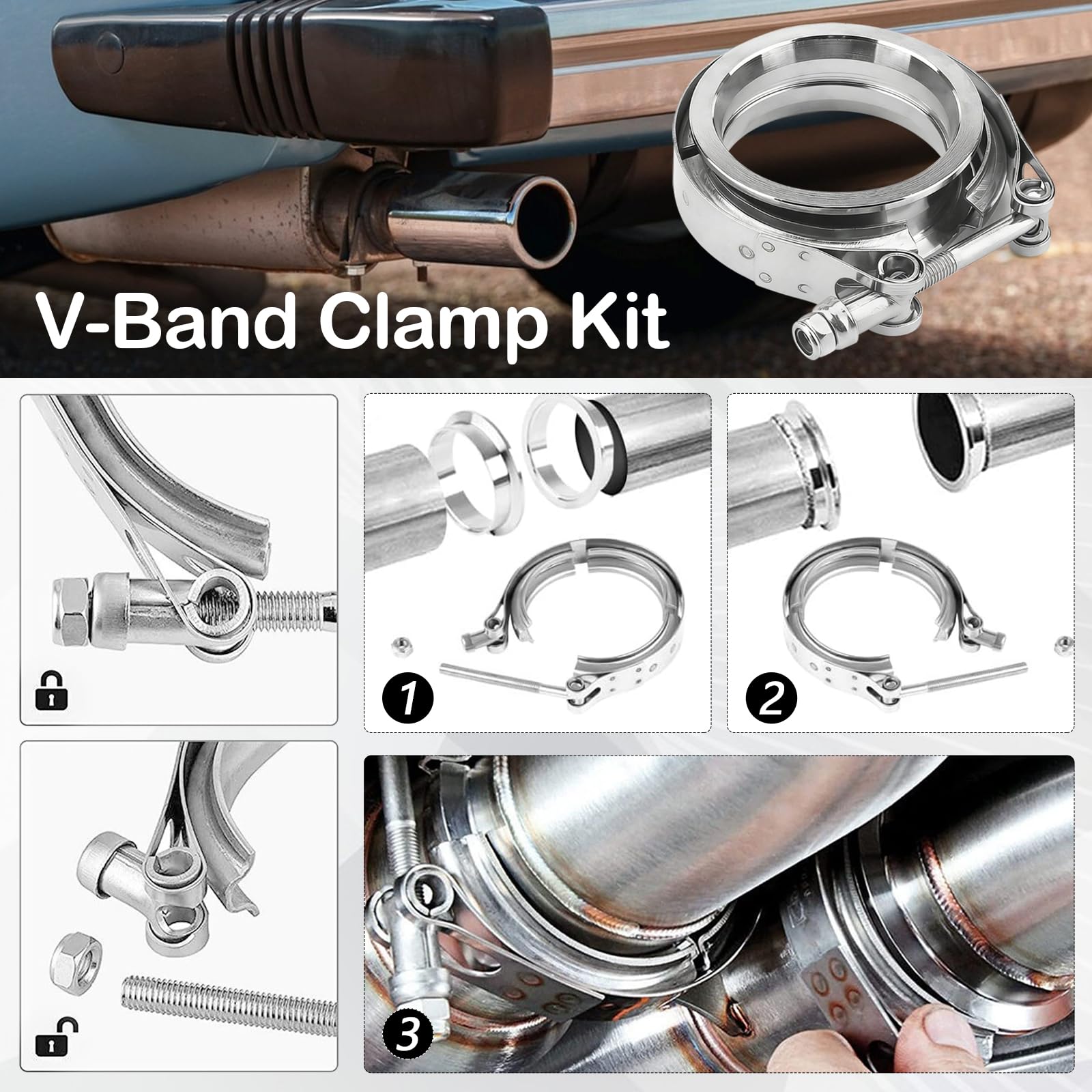 Juego de 2 abrazaderas de banda en V de acero inoxidable Abrazadera de banda en V de ø 63,5 mm (2,5") Kit de abrazadera de banda en V para escape de coche para manguera de turbo, color plateado