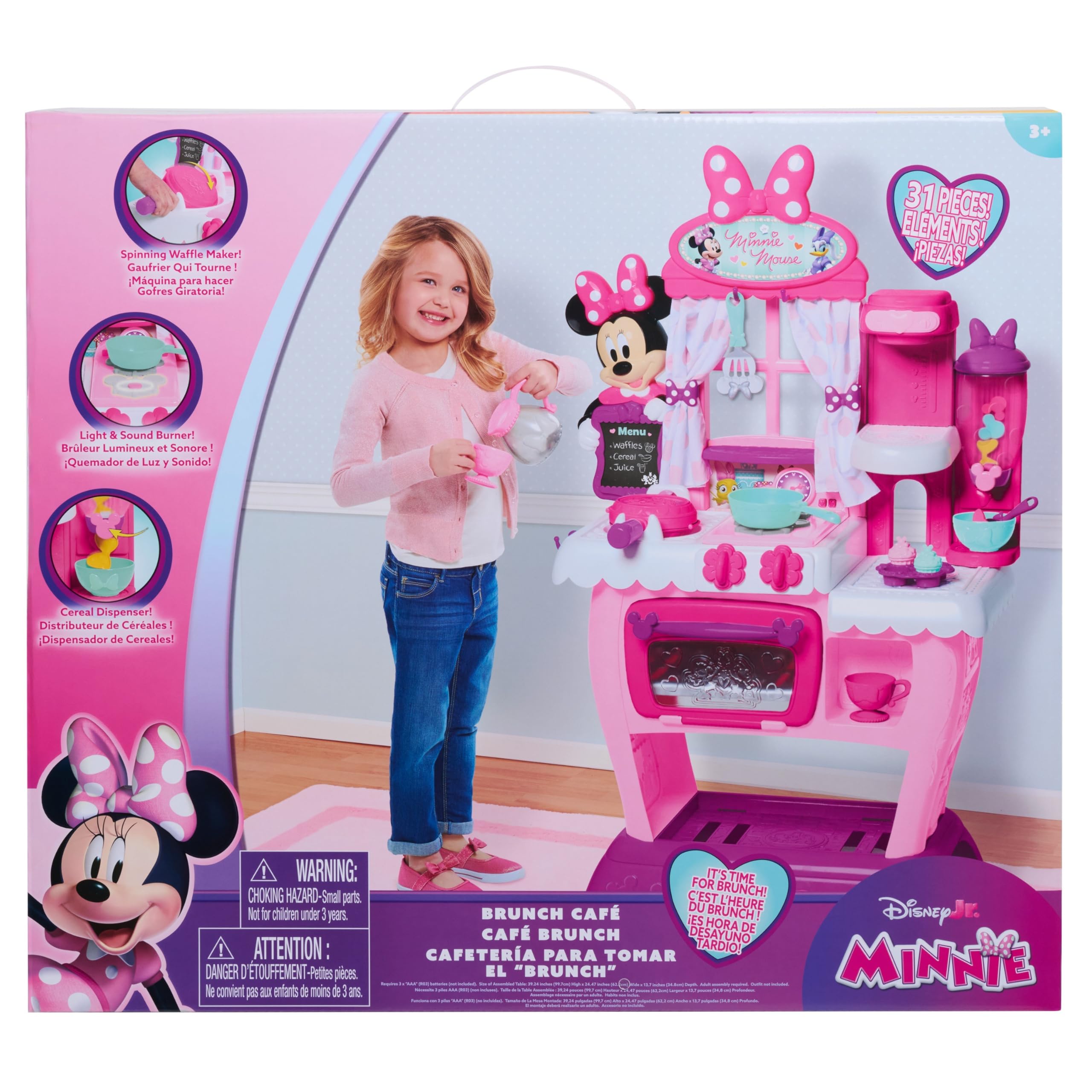 Disney Junior: Minnie Mouse Happy Helpers Brunch Café - Lights & Sounds Pink Kitchen Playset, Toy Breakfast Food, Cooking-Serving Accessories, Kids 3+
