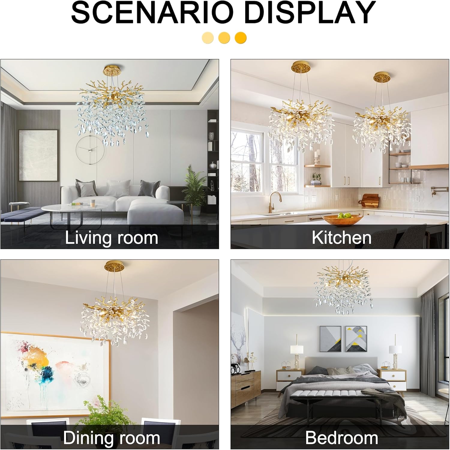 Modern Crystal Tree Branches Chandelier, 18in Gold 6 Lights Large Ceiling Hanging Light for Dining Room, Round Raindrop Pendant Light Fixture