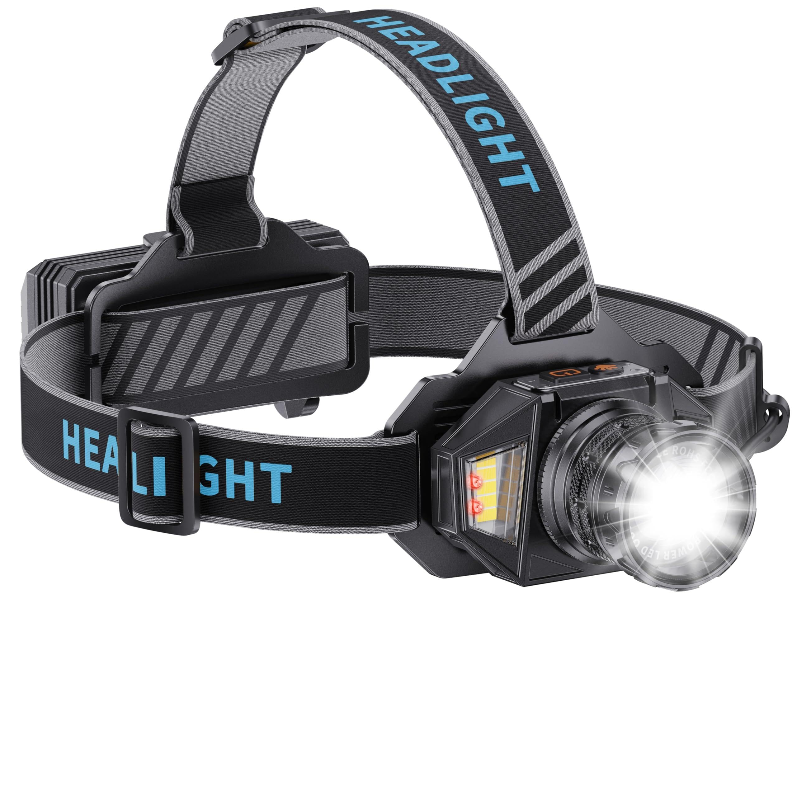 SIDARK Lampe frontale LED rechargeable - Super lumineuse - 120 000 - Haute qualité - Avec 12 modes et capteur - Étanchéité IPX7 - Réglable à 90 ° - Pour le camping
