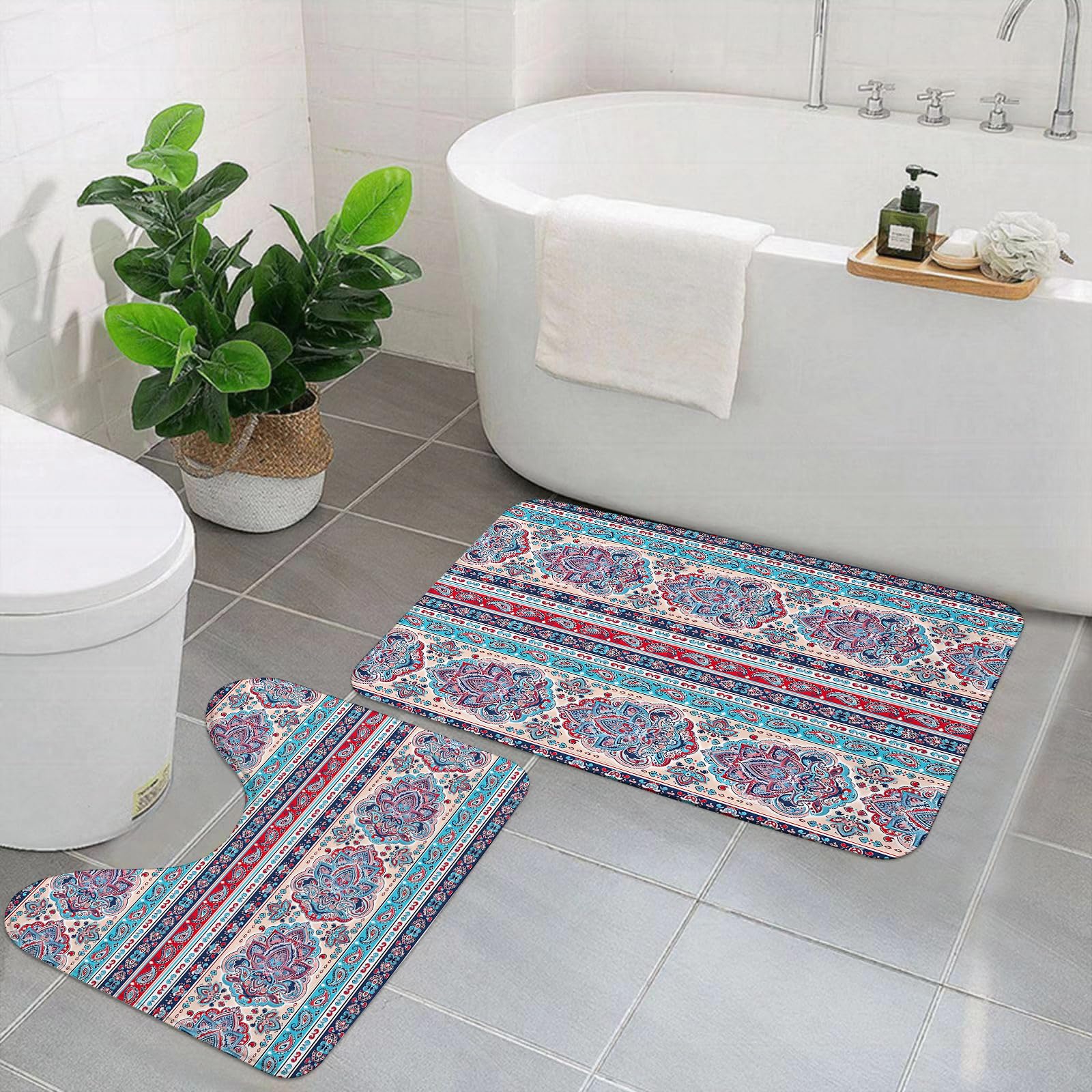 Set di 2 tappetini da Bagno, Lavabili in Lavatrice e Antiscivolo, tappetini in Morbida Fibra Superfine, Stampa Shibori Tie-Dye vettoriale. Motivo Disegnato a Mano Senza Cuciture. S