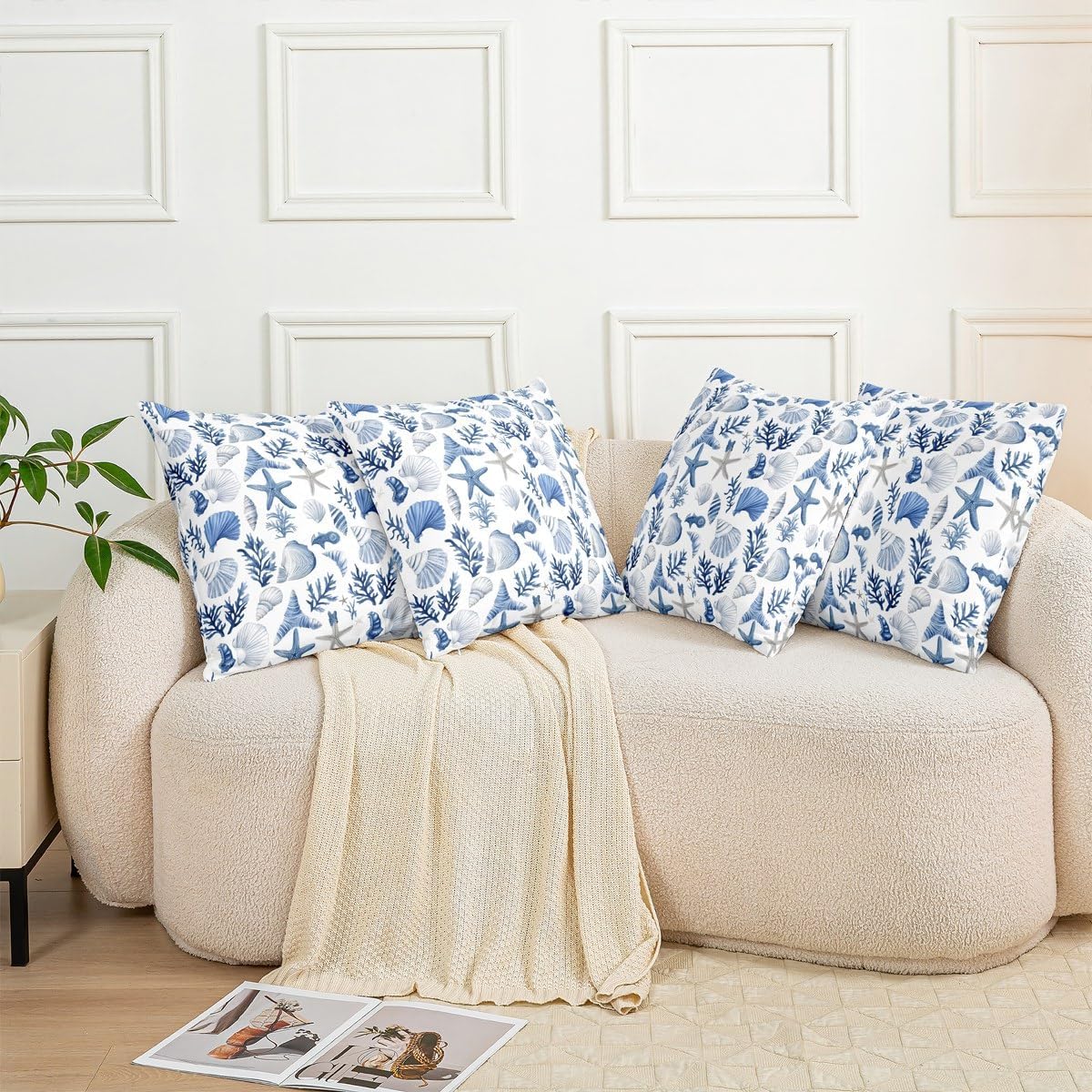 Erosebridal Shell Pack of 4 Throw Pillow Covers 16x16 Inch Starfish Cushion Covers for Kids Boys Men Coral Sea Ocean Marine Beach Holiday Conch Cushion Cases Blue White Decorative Pillowcases