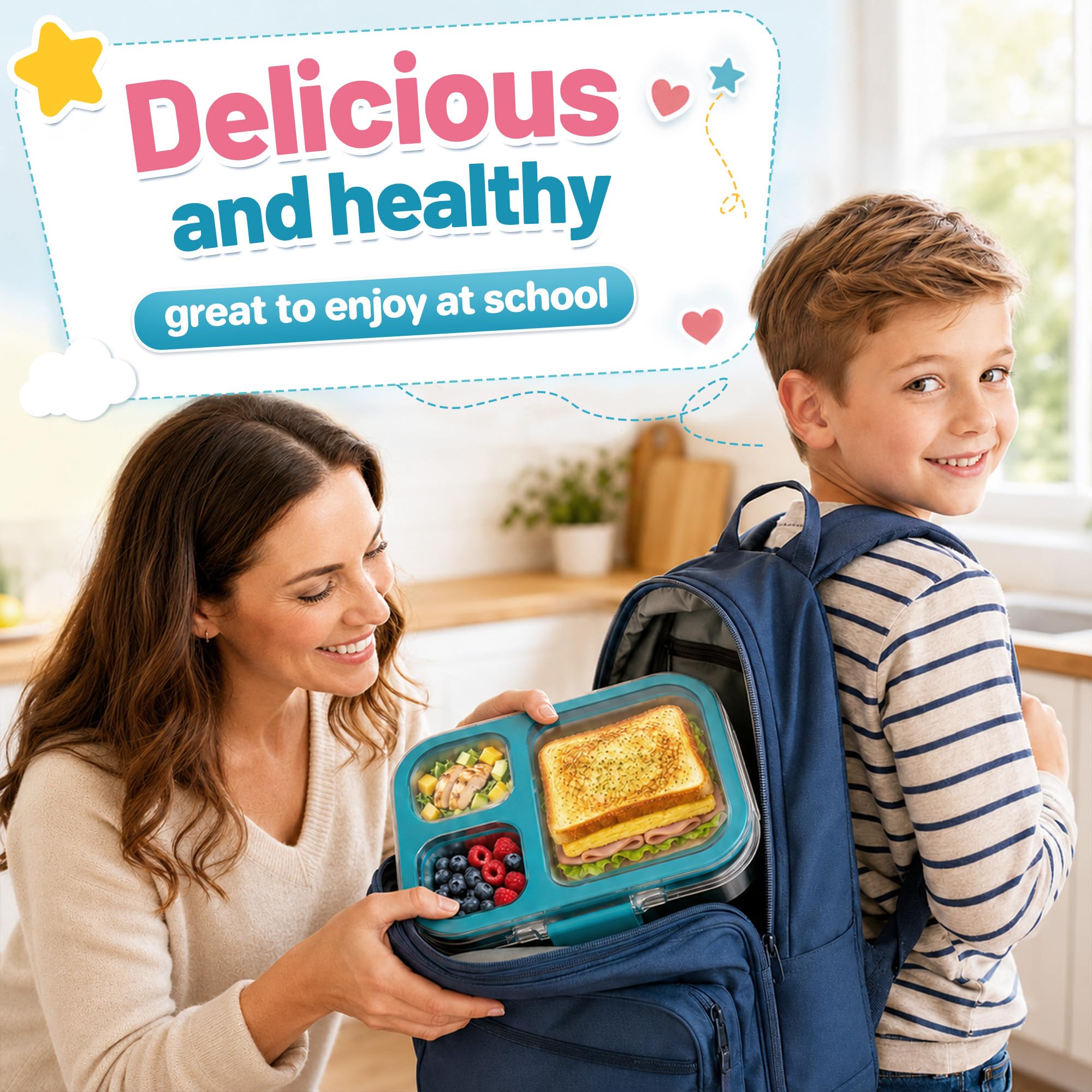 VITONIS Edelstahl Brotdose Lunchbox mit 3 Fächern, Bento Lunch Box Kinder Auslaufsicher BPA frei, Spülmaschinenfest, Perfekt für Schule, Kindergarten & Unterwegs (Blau)