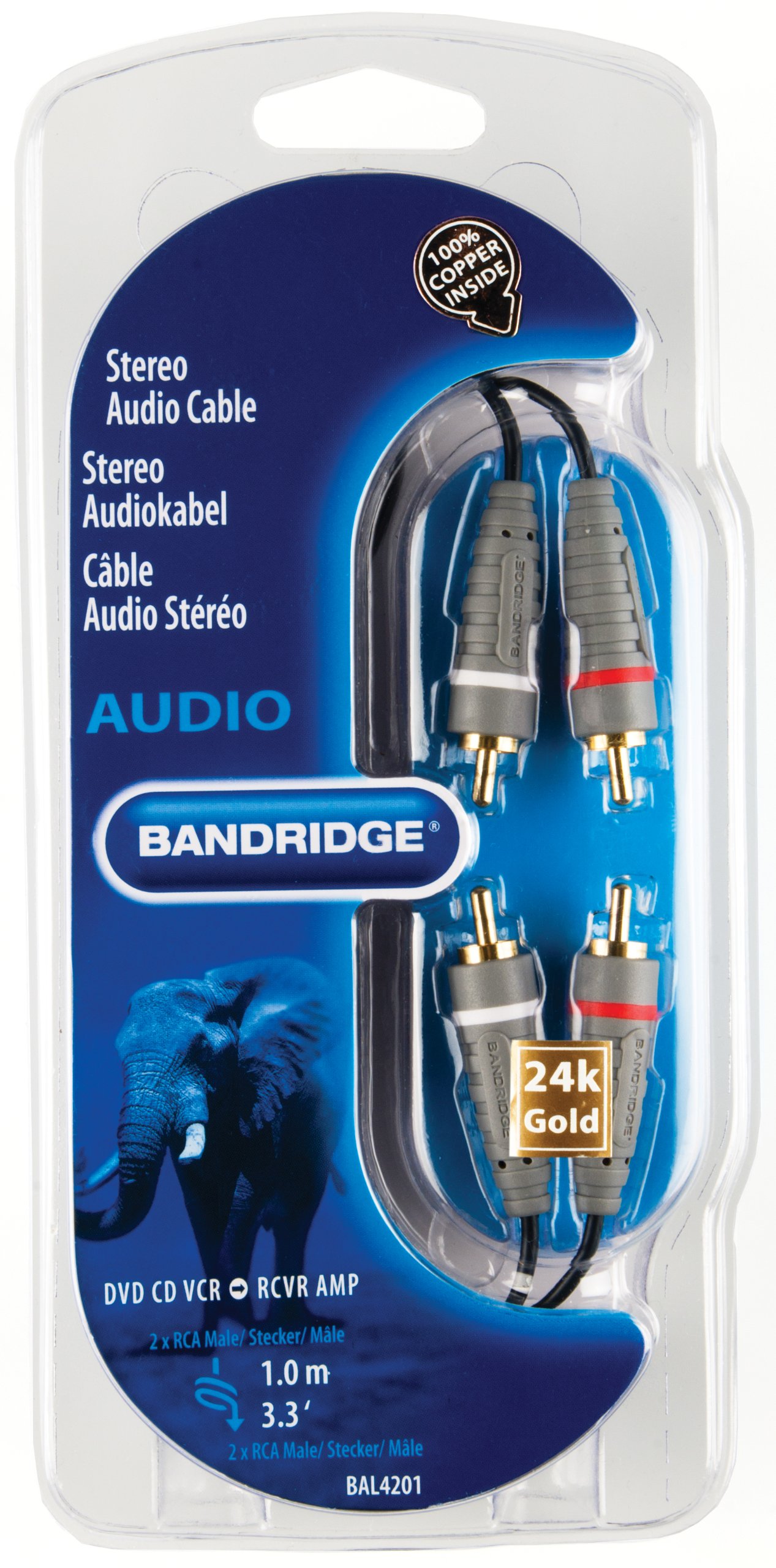 Bandridge BAL4201 - Cable de audio estéreo (2 RCA macho, 2 conectores RCA macho, 1 m)