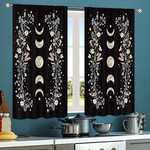 Miniatura 3 de Cortinas de cocina de fases lunares  Boho Witchy Black Floral Tratamiento de ventana corta para dormitorio, primavera estética de flores silvestres,