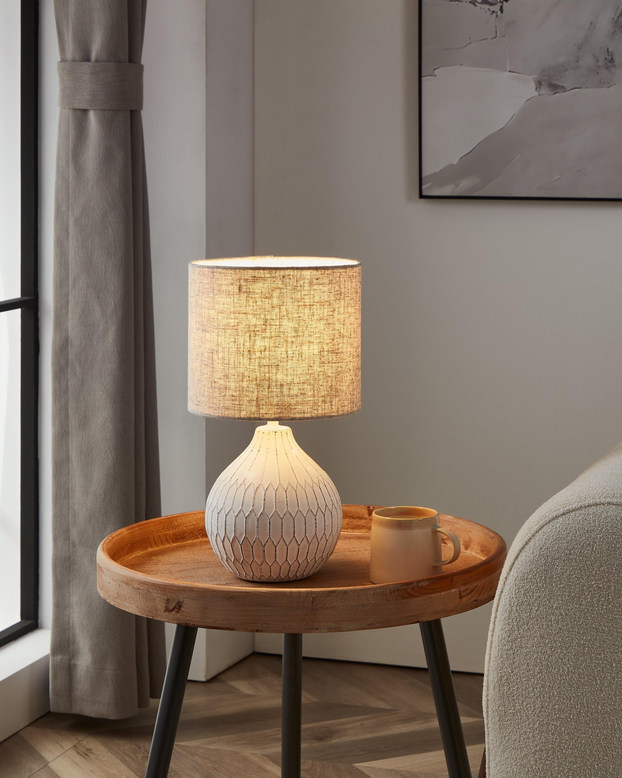 EGLO Tischlampe Bellariva 3, Textil Nachttischlampe Boho aus Keramik | Keramik mit Boho-Muster und Stoff Lampenschirm in hellbraun, Tischleuchte mit Schalter, Lampe Wohnzimmer Schlafzimmer, E27