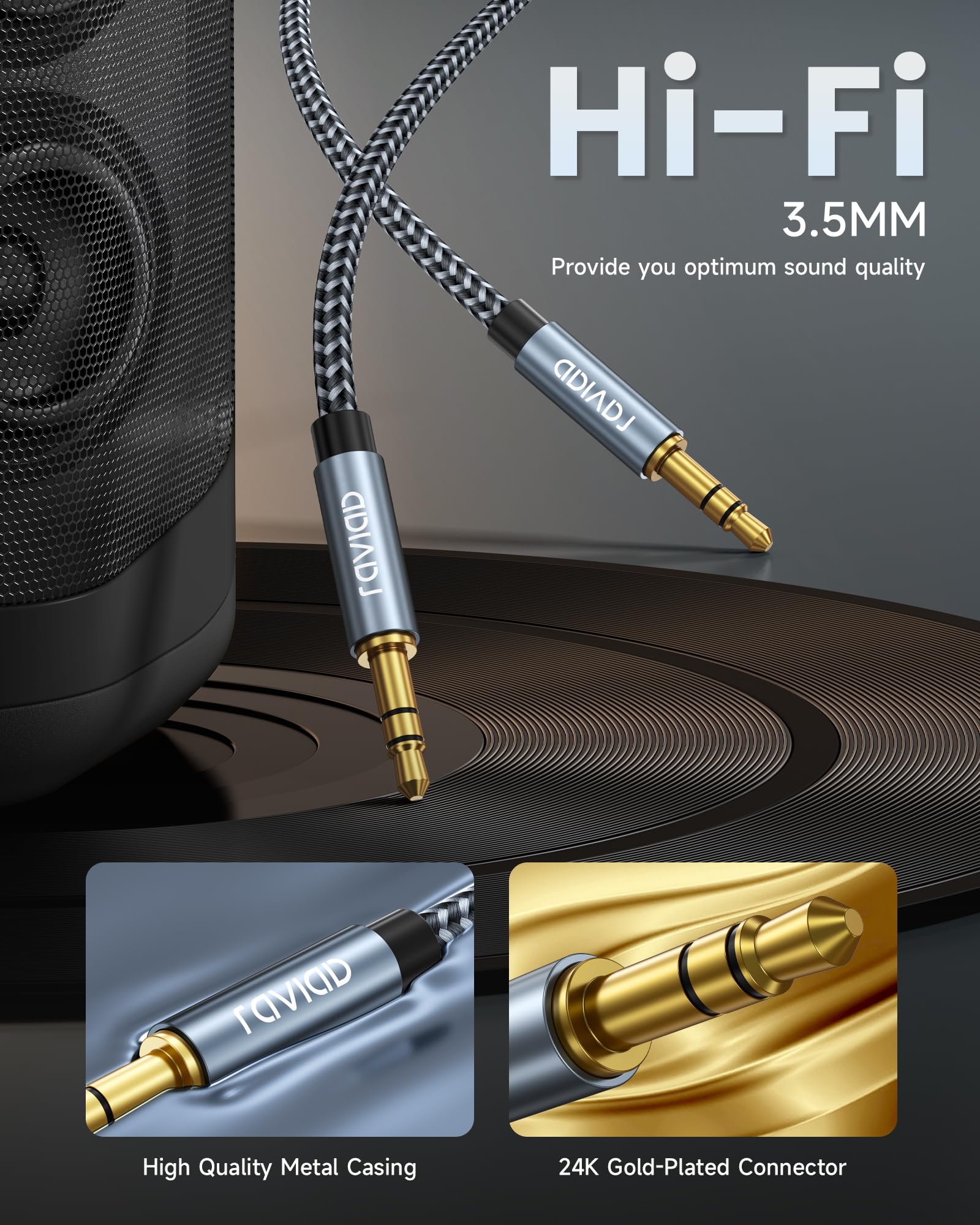RAVIAD Câble Jack Audio 3.5mm Mâle vers Mâle [10M] Stéréo Nylon Tressé Câble Auxiliaire Voiture 3.5mm Male Male pour Casque, Haut-Parleur, Autoradio, TV, iPhone, Smartphones, PC, MP3
