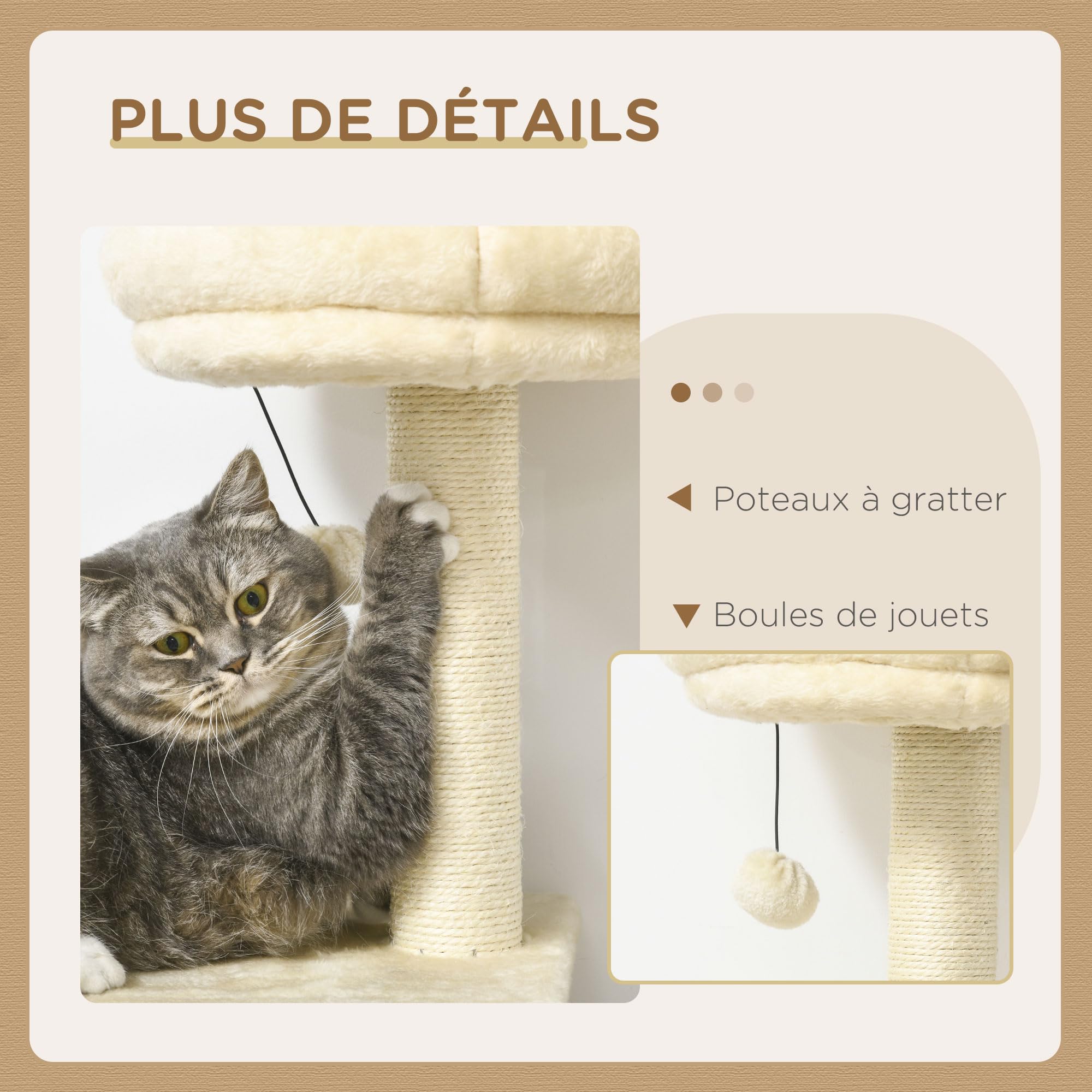 PawHut Albero per gatti albero di arrampicata albero tiragraffi torre gioco altezza 171 cm centro attività con 2 nicchie 6 piattaforme 2 pompons appesi beige