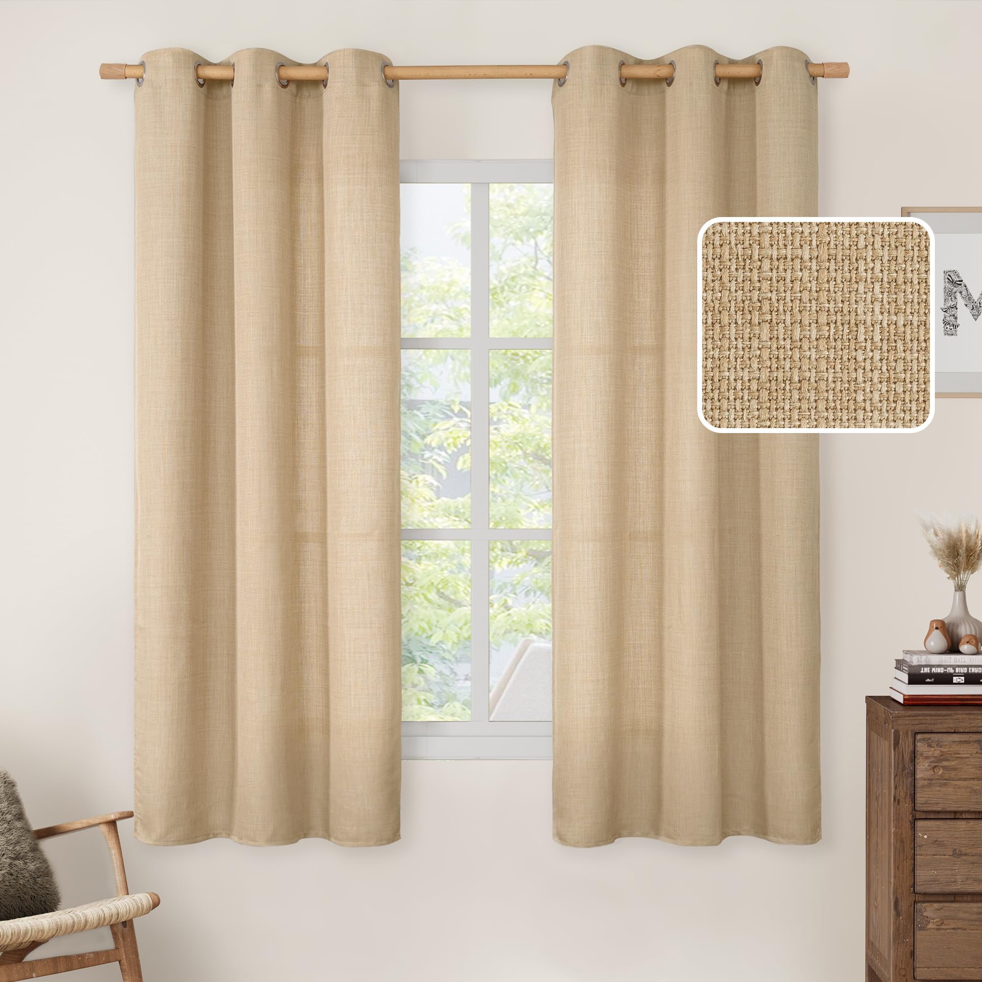 LAMIT Natural Tan Sheer Linen Curtains 63 Inch Length for Bedroom 2 Panels