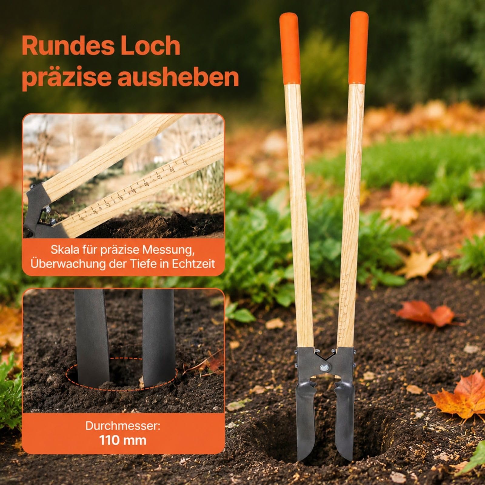 Erdlochausheber mit Holzgriff für Pfostenlöcher und Gartenarbeiten