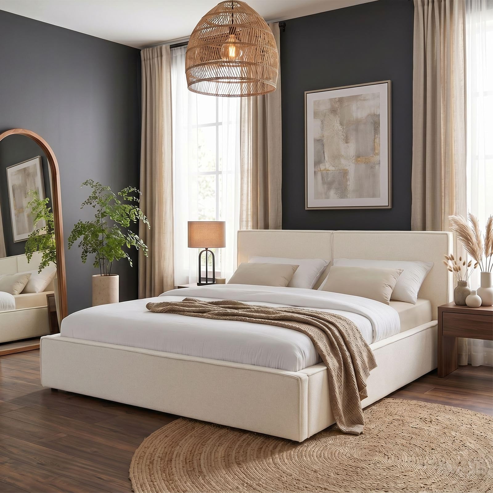 IDIMEX Lit Double Calm, Rembourré 160 x 200 cm Queen Size, Blanc Crème, Confort Optimal avec Sommier à Lattes Inclus, Tête de Lit en Tissu, Design Simple et Moderne pour Chambre Adulte