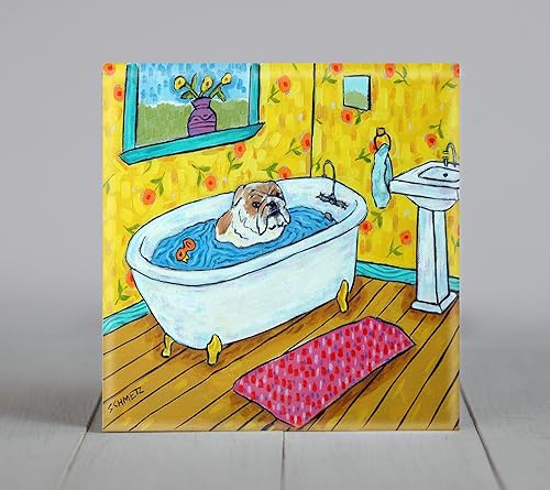 Bulldog taking a Bath dog art Tile coaster Gift