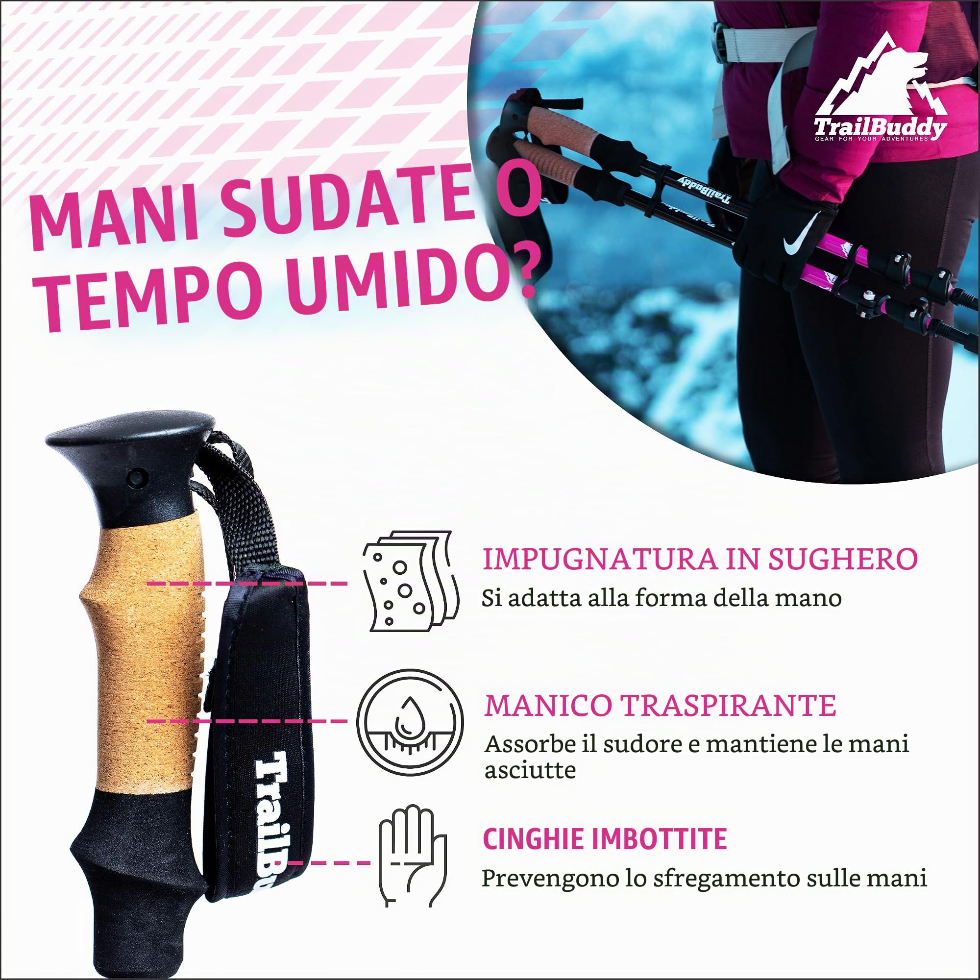 TrailBuddy Walking Poles - Pack of 2 Lightweight, Adjustable Trekking Poles for Hiking, Camping & Backpacking - Walking Sticks w/Cork Grip and Padded Strap