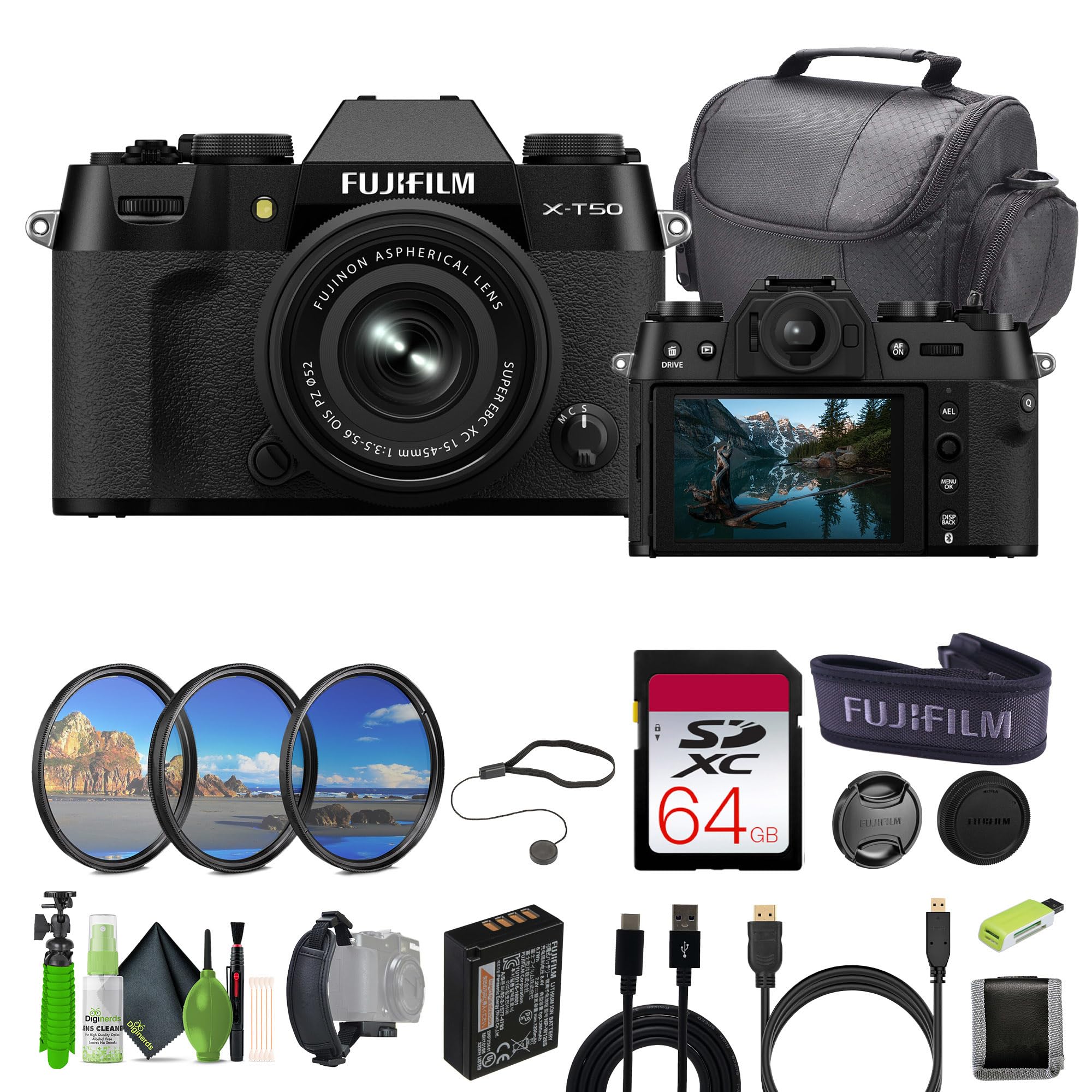 Fujifilm X-T50 Mirrorless Digital Camera XC15-45mmF3.5-5.6 OIS PZ Lens Kit - Black Bundle with 64GB Memory Card + USB Type A to USB Type C Cable +