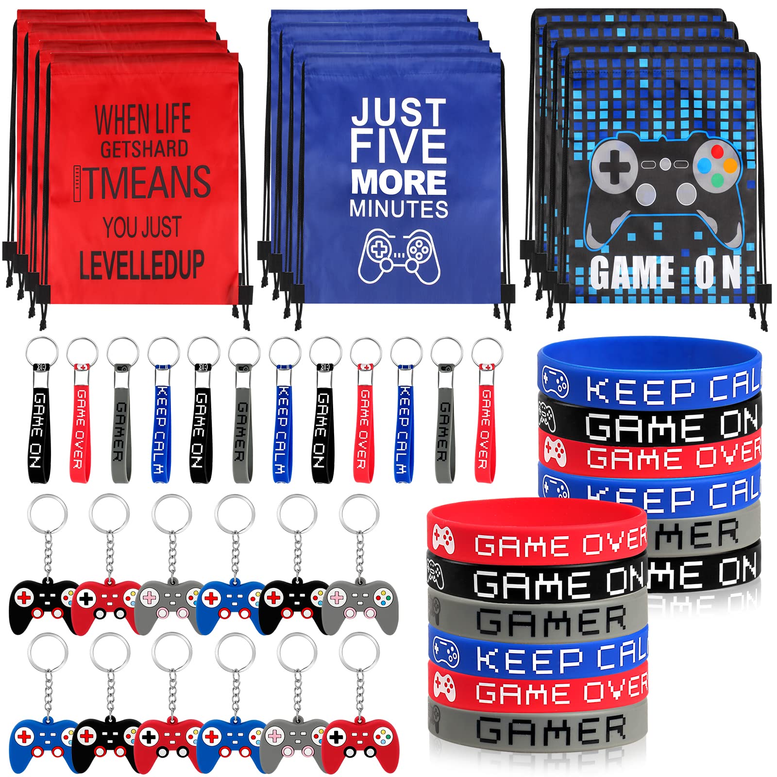Stondino 48Pcs Video Game Party Favors- Video Game Party Loot Bags 10'' x 12'' Drawstring Backpack Goodie Bags for Kids Video Game Keychain Bracelets Christmas Gaming Birthday Party Supplies for Boy