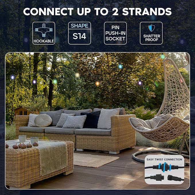 LUXRITE 48FT LED RGBW Outdoor String Lights, Remote Control Color Changing Cafe Lights, Commercial Grade Waterproof, 24 Edison S14 Shatterproof Bulbs, IP65, Dimmable Outside Hanging Lights for Patio miniatura 5