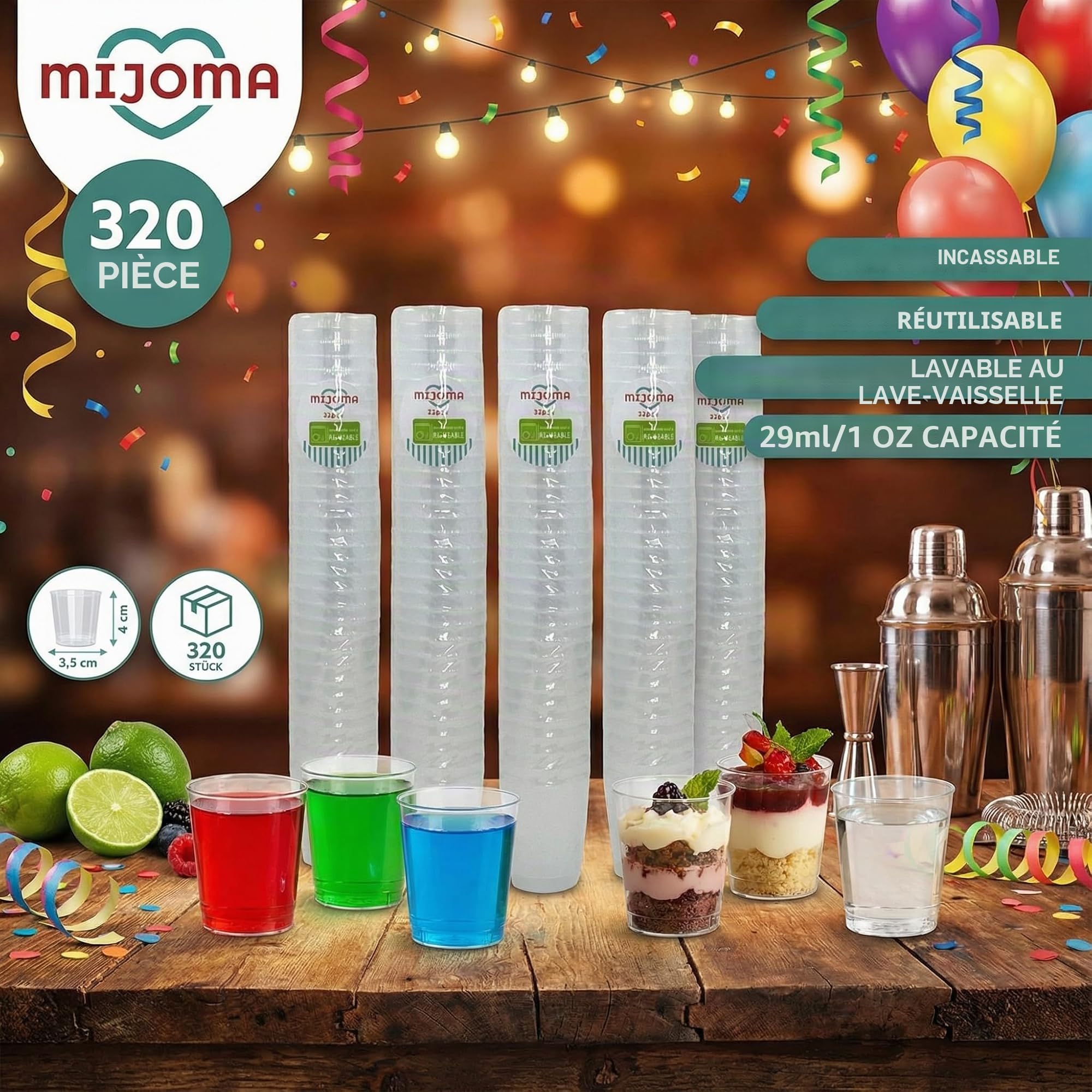MIJOMA Lot de 320 verres à liqueur incassables en plastique robuste, verres à shot Jello, desserts, fête, mariage, anniversaire. Passe au lave-vaisselle, réutilisables, 29 ml (Transparents)