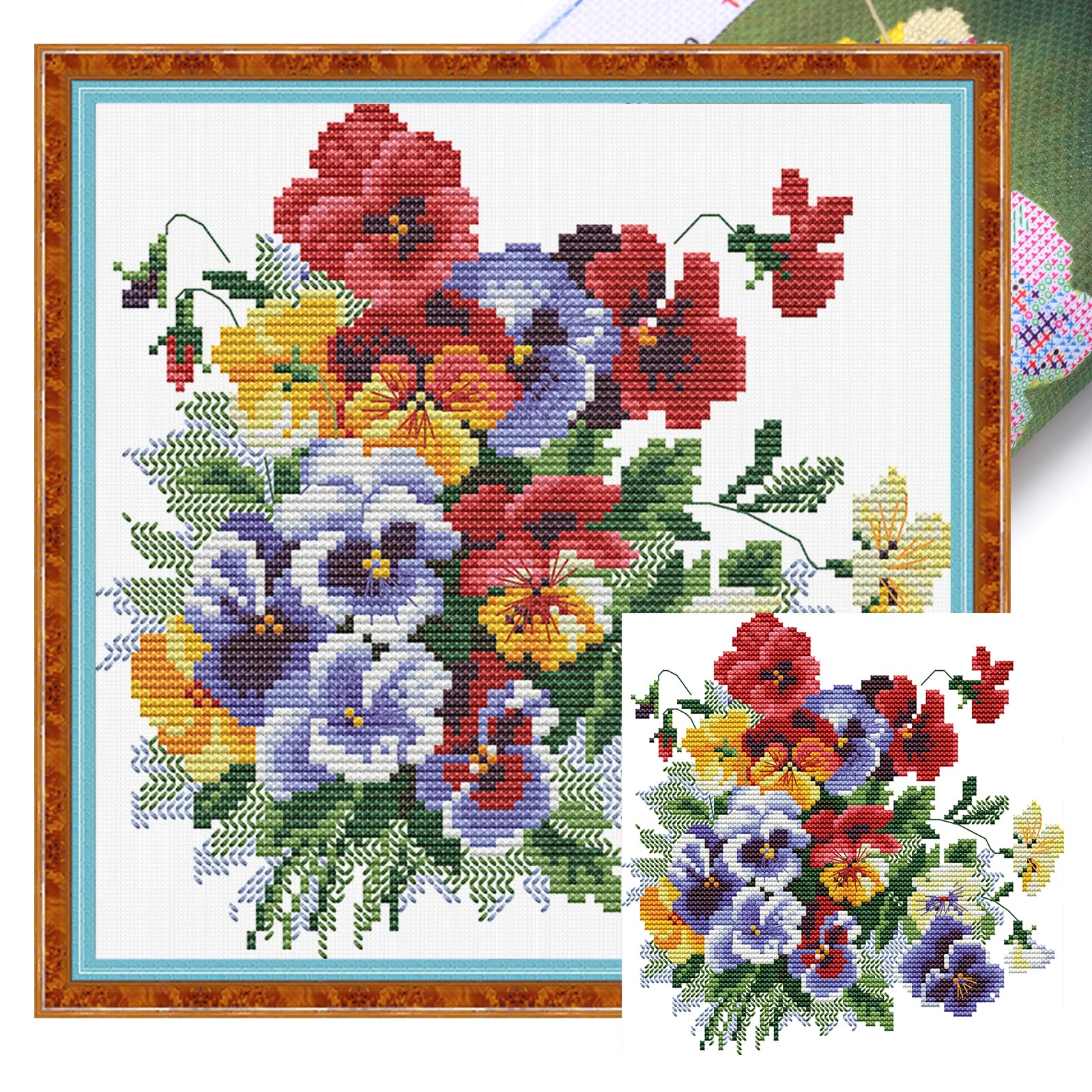 POETRYDRAW Pansies Partial 14CT 2 Strands DIY Stamped Cross Stitch Kits 22x21cm Embroidery Needlepoint Starter Kit for Beginners Adults Home Wall Decor (HA316)