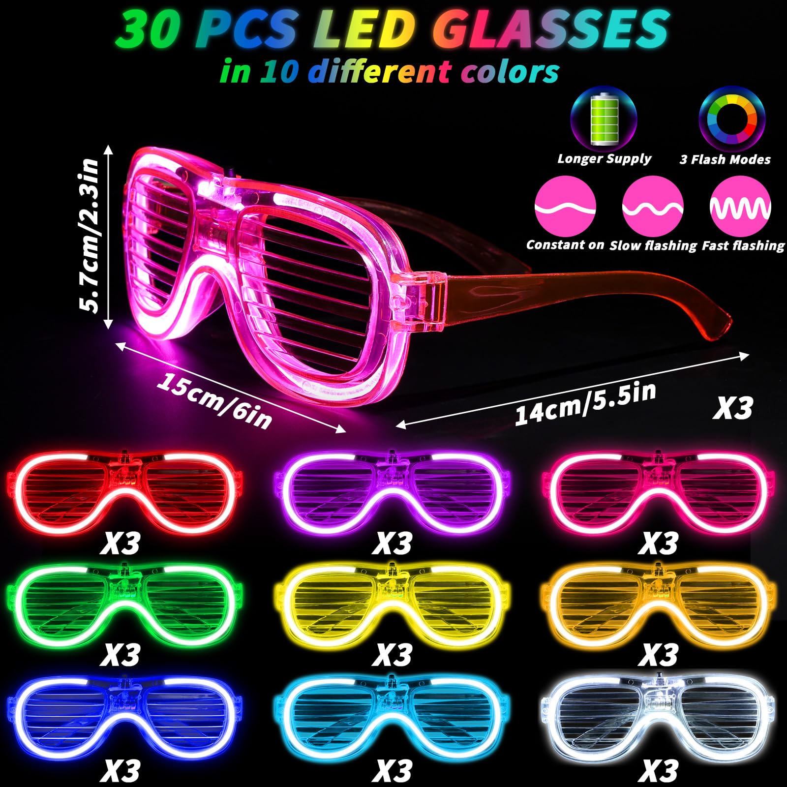 60 piezas de suministros de fiesta que brillan en la oscuridad, 30 gafas de luz LED, 30 varillas luminosas, tubos de flash, gafas LED de neón, pulsera, collar, accesorios, bolsas de regalo para
