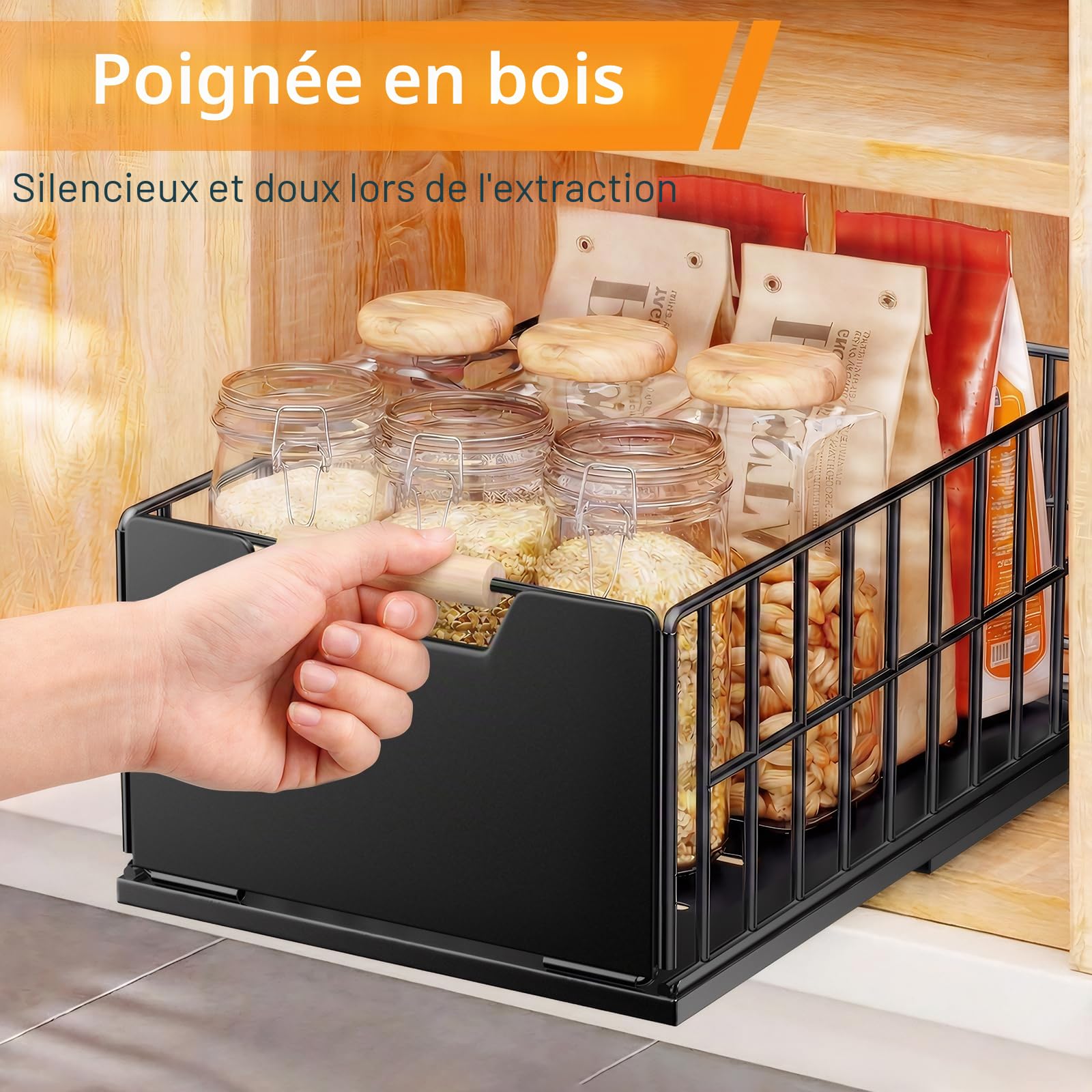 2 pièces tiroir coulissant cuisine, Organiseur de tiroirs profonds avec glissières de tiroir et poignée en bois, Télescopique à tirer en métal pour armoires de cuisine Organiseur - 40x25×18CM