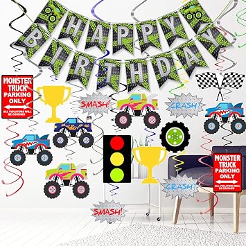 Monster Truck Party Decorations - Happy Birthday Banner, Supplies & Hanging Swirls