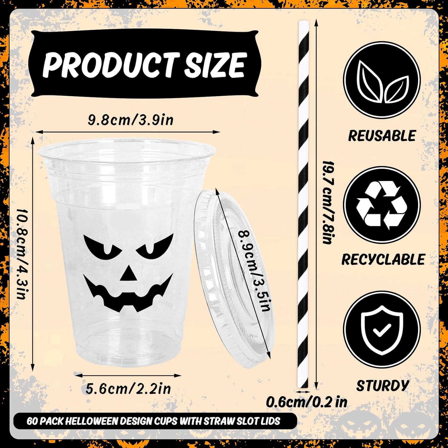Whaline 60Pcs Halloween Disposable Plastic Cups with Lids and Straws 12oz Jack-O-Lantern Pumpkin Cold Beverage Drinking Cups Scary Printed Party Cup for Trick or Treat Party Supplies - Image 2