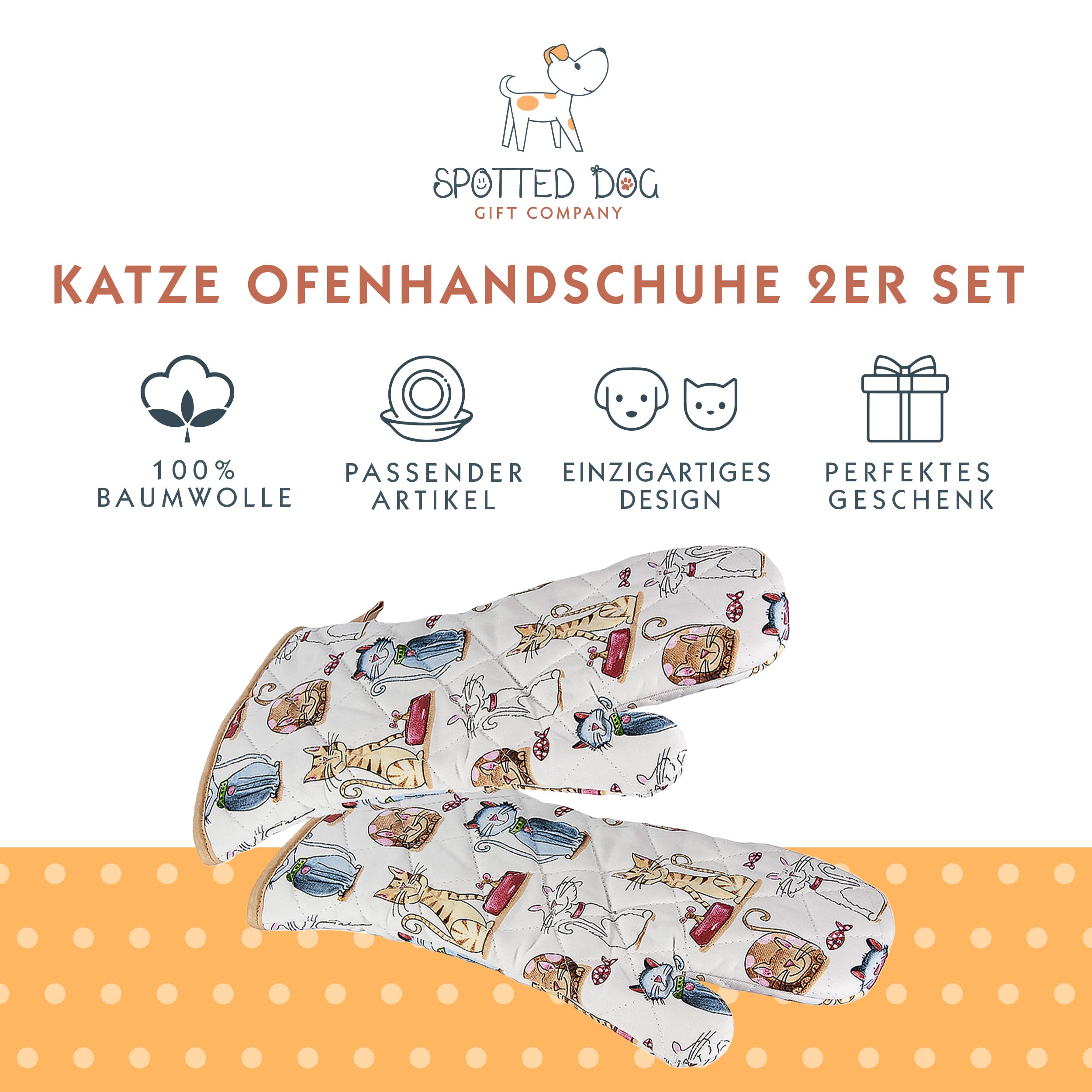 SPOTTED DOG GIFT COMPANY - Backhandschuhe Hitzebestaendig, Topfhandschuhe Ofenhandschuhe Lang mit Niedliches Katze und Katzen-Motiv