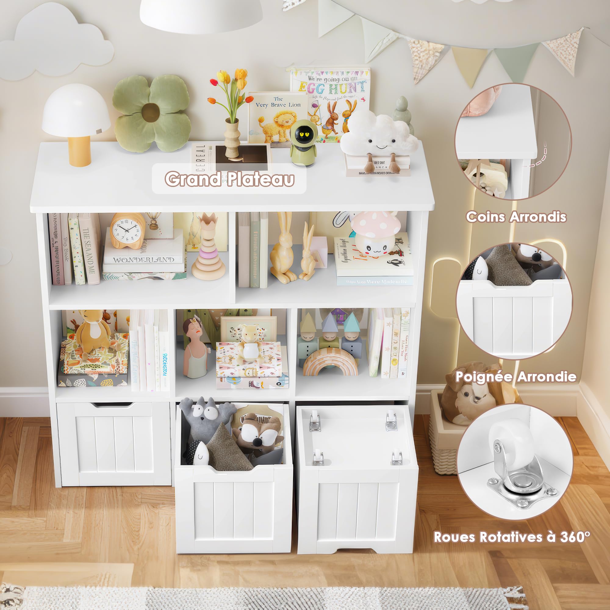 FOREHILL Meuble de Rangement Enfant Rangement Jouet Enfant avec 6 Étagères 3 Tiroirs Roulants Bibliothèque pour Chambre d’Enfant 100x33x89.5cm Blanc