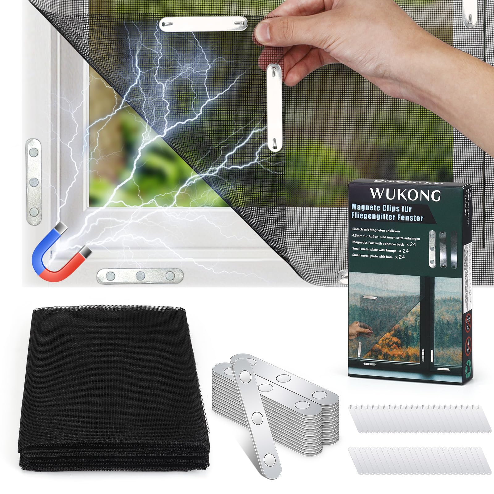 Wukong Set 2 Mosquiteras Ventana con Cierre Magnético – 2 Redes 150x130 cm Recortables, 24 Imanes, Fácil Instalación sin Taladro, Reutilizables