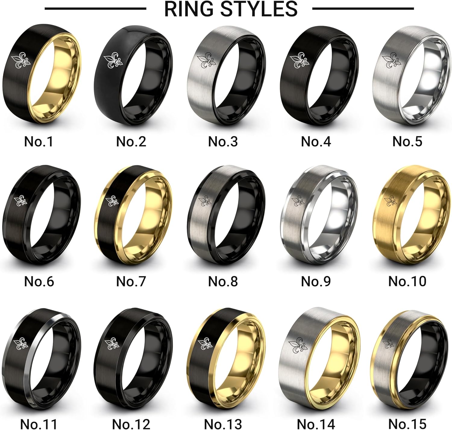 Fleur De Lis Ring - Gift for Royalty Fan - Tungsten - Personalized Custom Engraving - Brushed Polished - 8mm - Black Yellow Gold Silver - Men Women - Flat Dome Bevel - Band - Anniversary Wedding