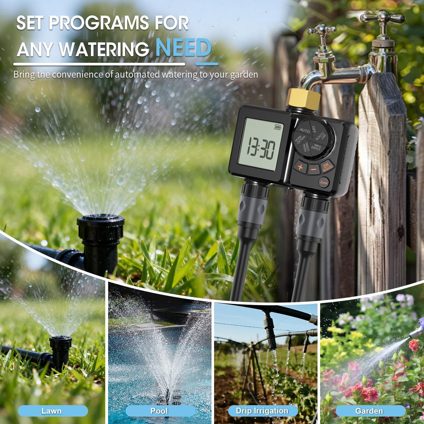 YWBL-WH Timer Intelligente a 2 Zone per L'Irrigazione Automatica, Programmatore per Irrigatori da Giardino per Serre, di Irrigazione a Goccia per agricoltura. (Filettatura BSP3/4”)