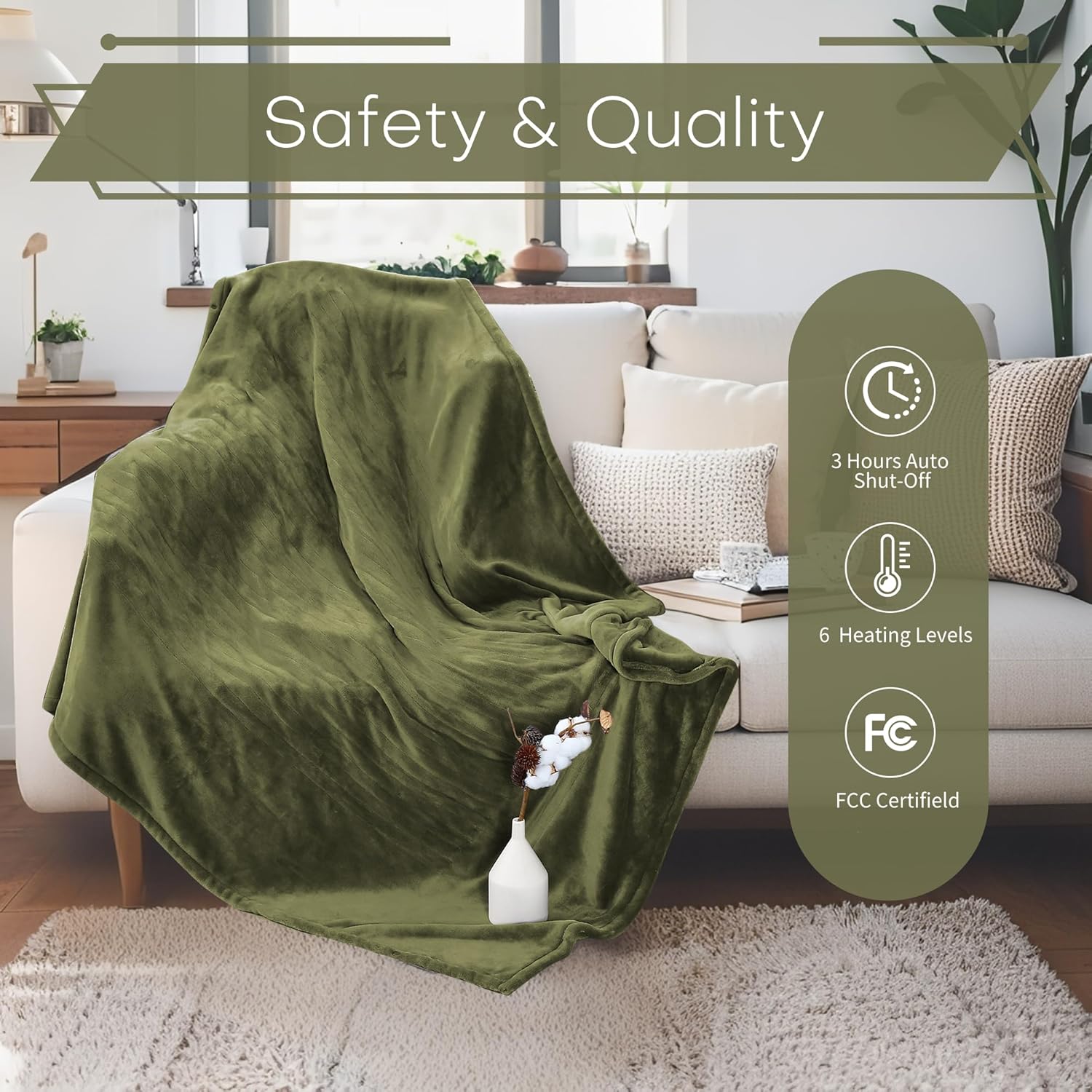 Electric Heated Blanket Throw Size 50"x60" - Flannel & Sherpa Fabric Dual-Sided, 6 Heat Settings & 1-3 Hours Auto Off, Soft & Cozy Warming Throw for Home, Office, or Bed, Machine Washable, Olive Green - Image 3