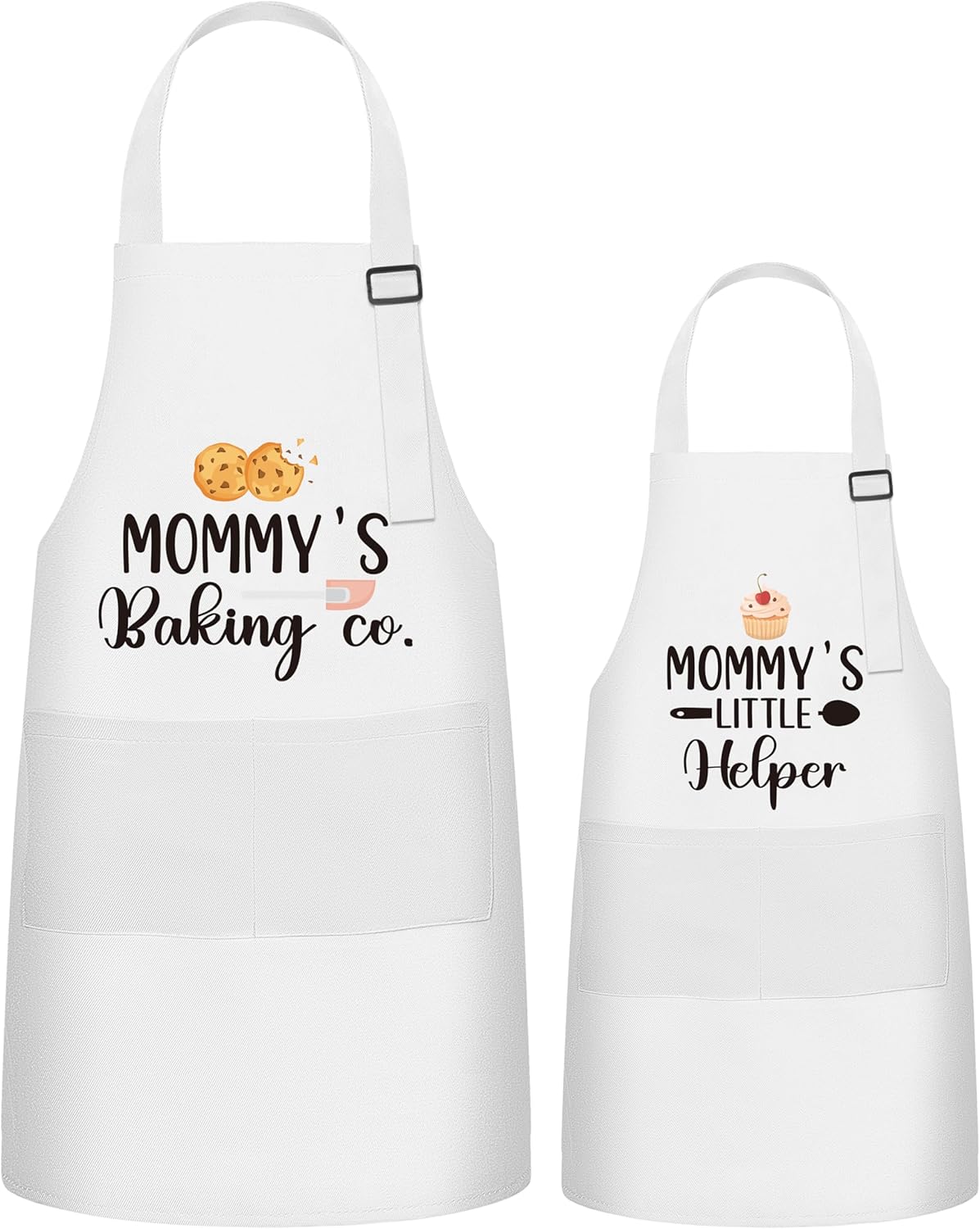 GROBRO7 2Pcs Kids Adult Apron Set Gift for Mother and Child, White Mommy's Baking Little Helper Pattern Adjustable Kitchen Aprons with 2 Pockets Waterproof Smocks for Baking Cooking Painting Training