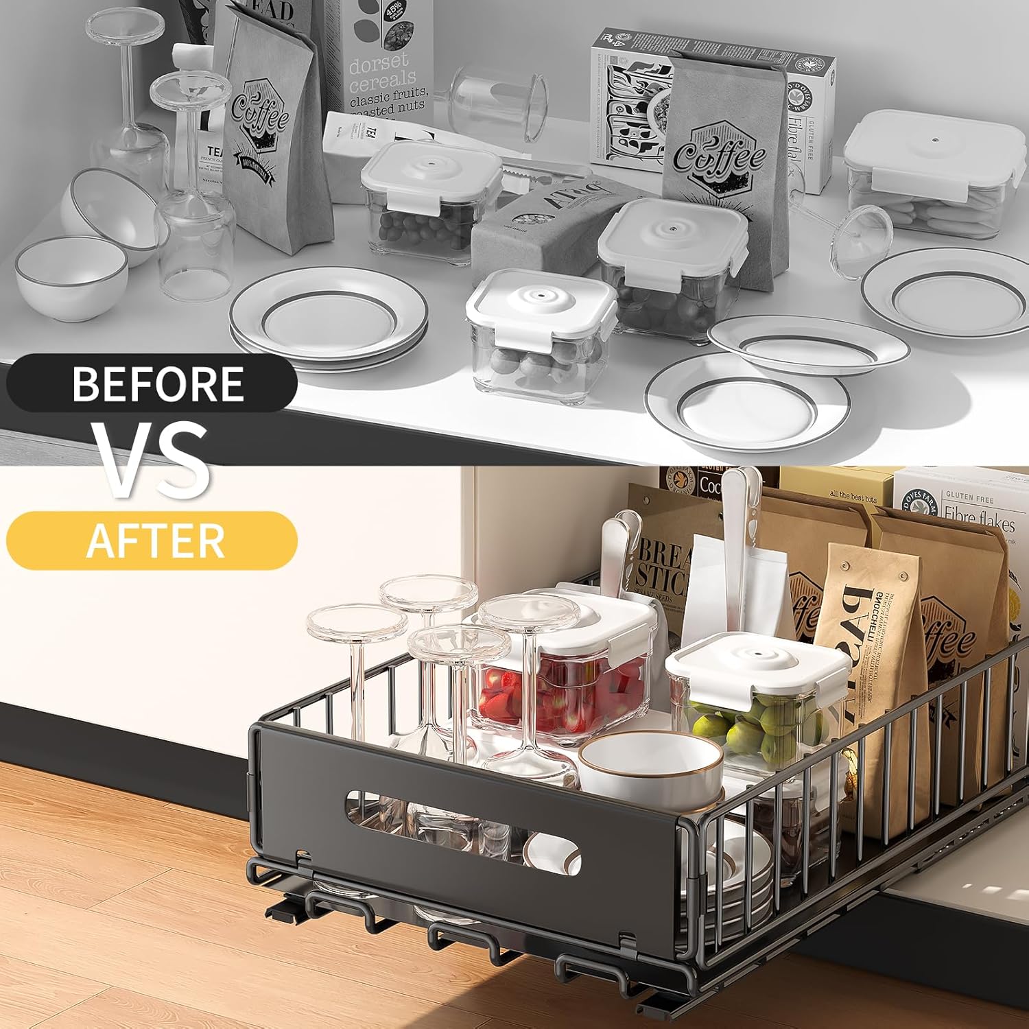 Pull Out Cabinet Organizer, Slide Out drawers for cabinets, Heavy Duty Carbon Steel Roll Out Shelves for kitchen, bathroom, pantry (14.7’’-23.1’’ Slide, Adhesive & Screw), Black (2)