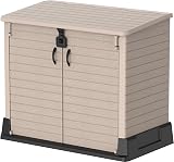Duramax Cedargrain StoreAway 850L Plastic Garden Storage Shed - Outdoor Storage Shed, Wheelie bin box, Durable Construction, Ideal for Tools, BBQs & 2x 120L Garbage Bins, 130x74x110 cm, Warm Taupe - 1